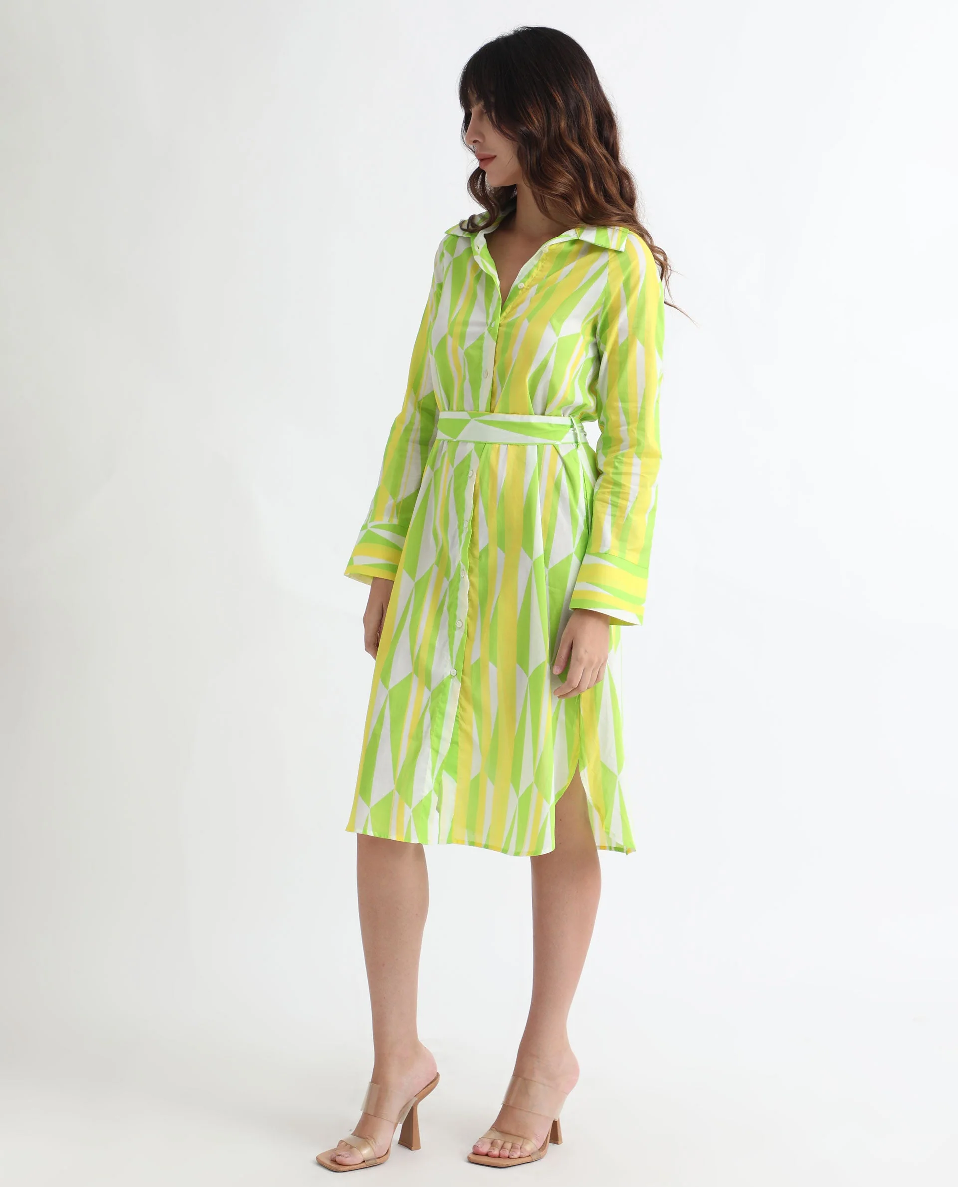 Rareism Women's Miller Multi Cotton Spread Collar Abstract Print Cuffed Sleeve Midi Regular Fit Dress - Image 6