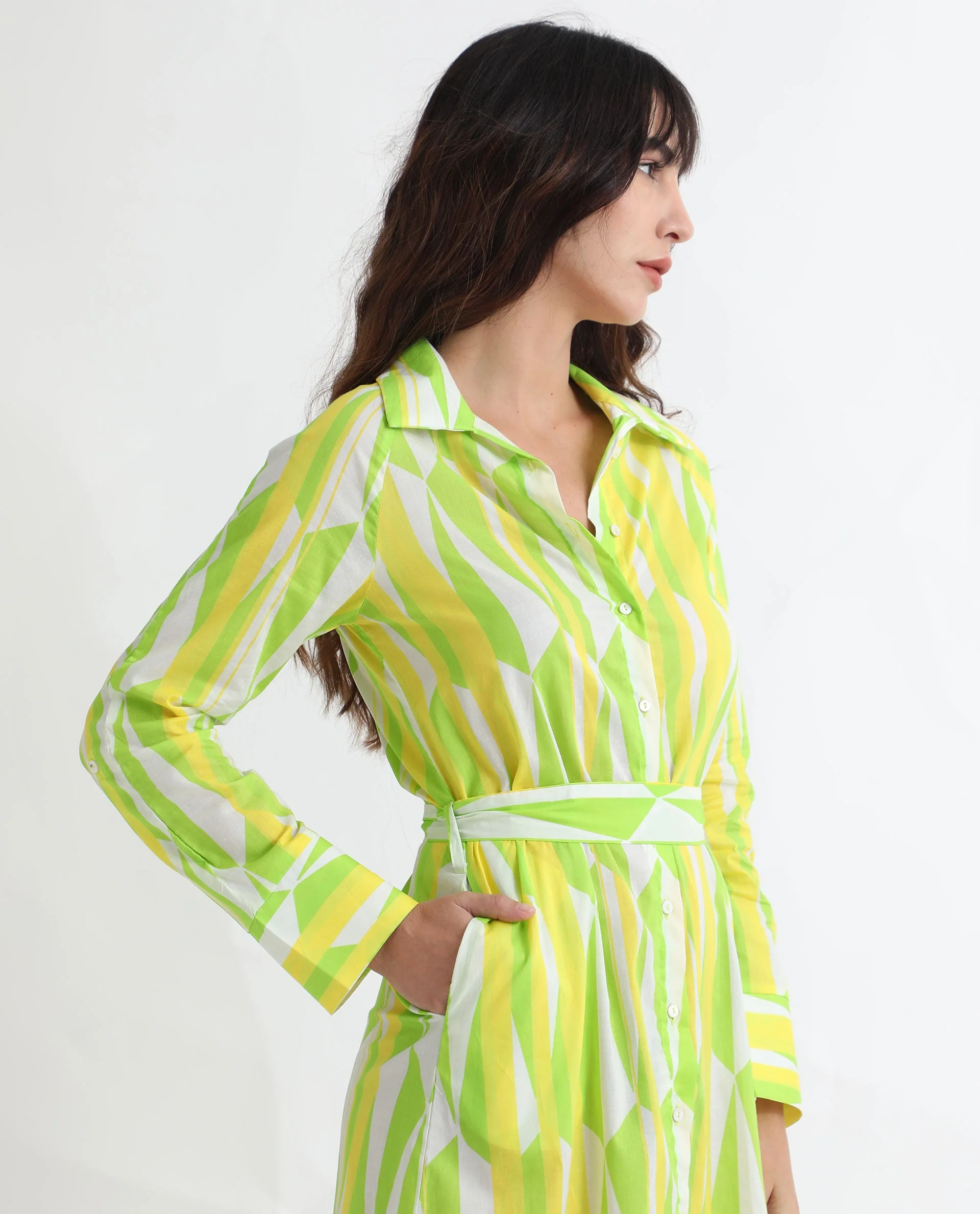 Rareism Women's Miller Multi Cotton Spread Collar Abstract Print Cuffed Sleeve Midi Regular Fit Dress - Image 7