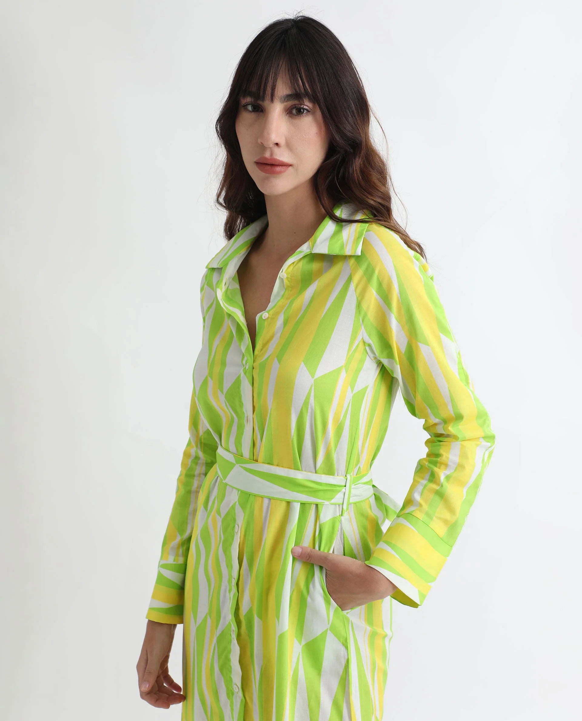 Rareism Women's Miller Multi Cotton Spread Collar Abstract Print Cuffed Sleeve Midi Regular Fit Dress - Image 8