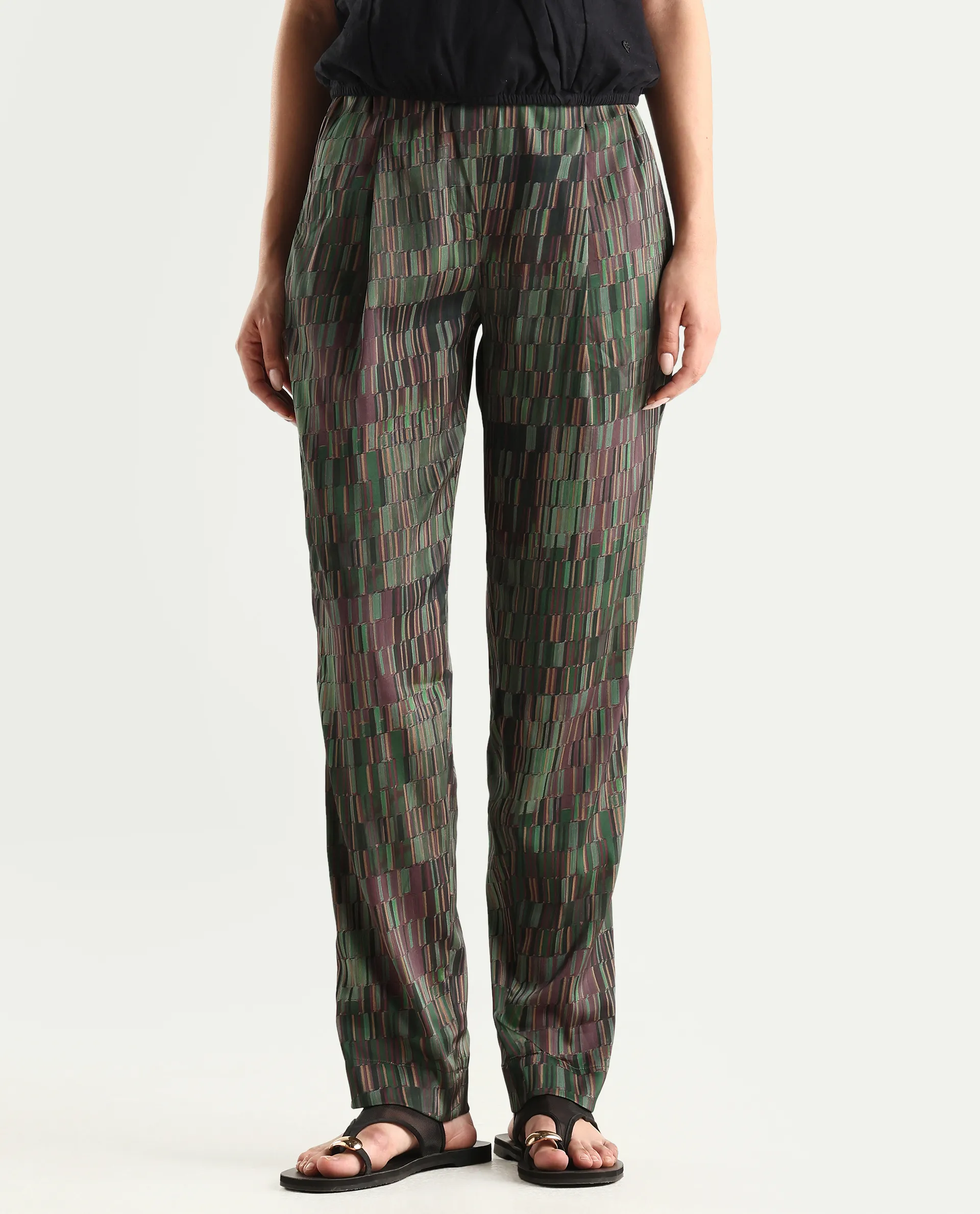 Rareism Women's Millie Olive Polyester Geometric Print Ankle Length Tailored Trouser - Image 2