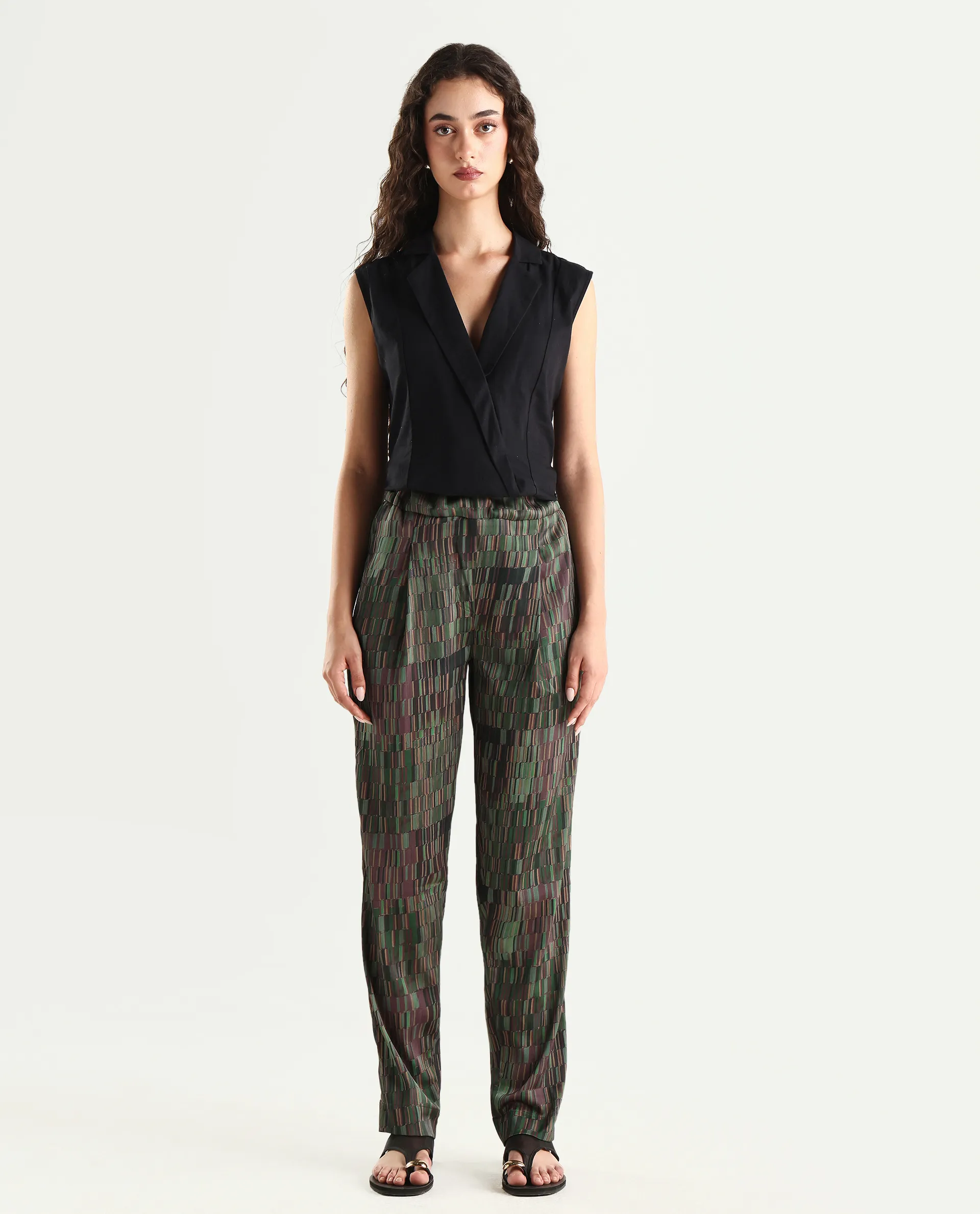 Rareism Women's Millie Olive Polyester Geometric Print Ankle Length Tailored Trouser - Image 4