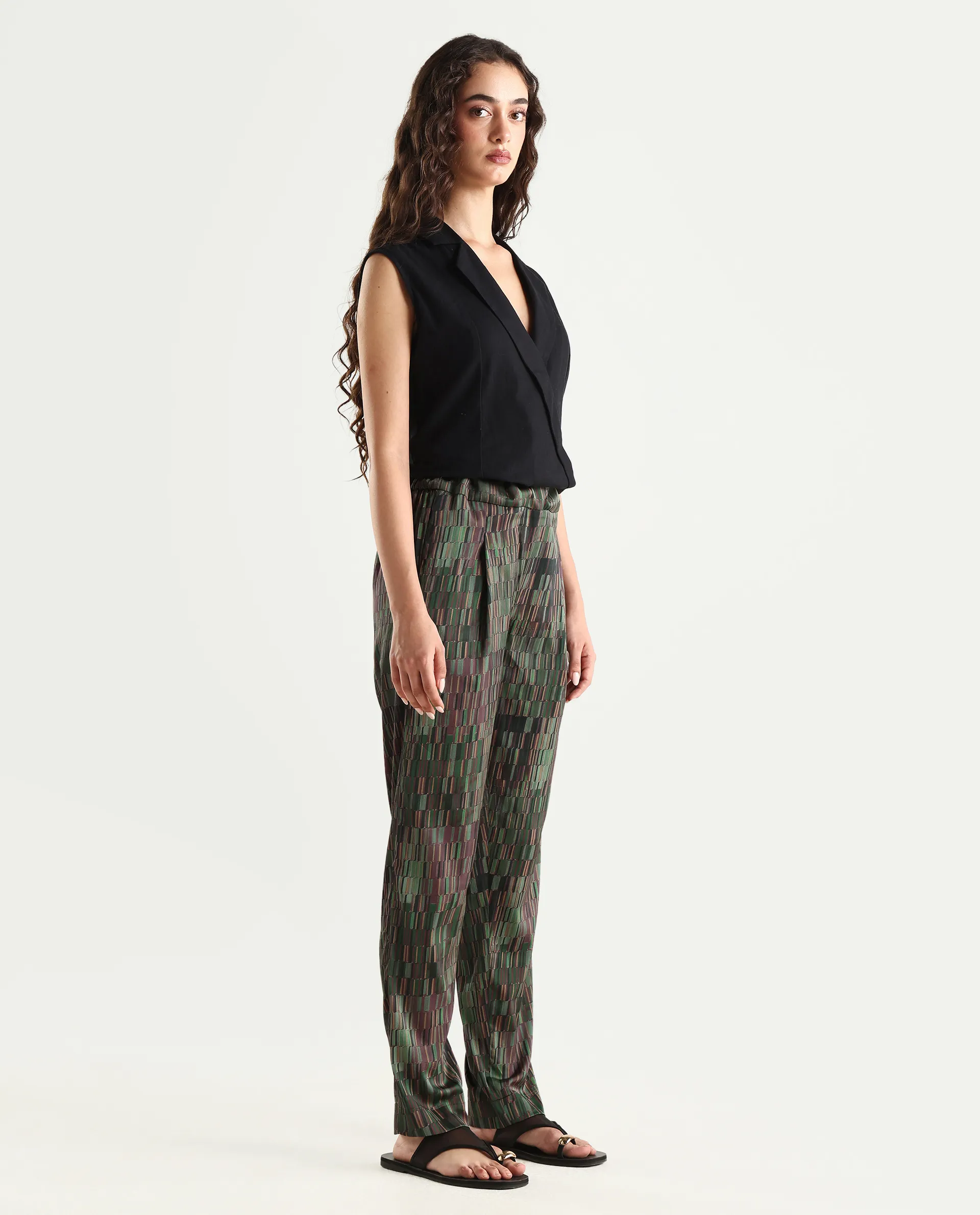 Rareism Women's Millie Olive Polyester Geometric Print Ankle Length Tailored Trouser - Image 6