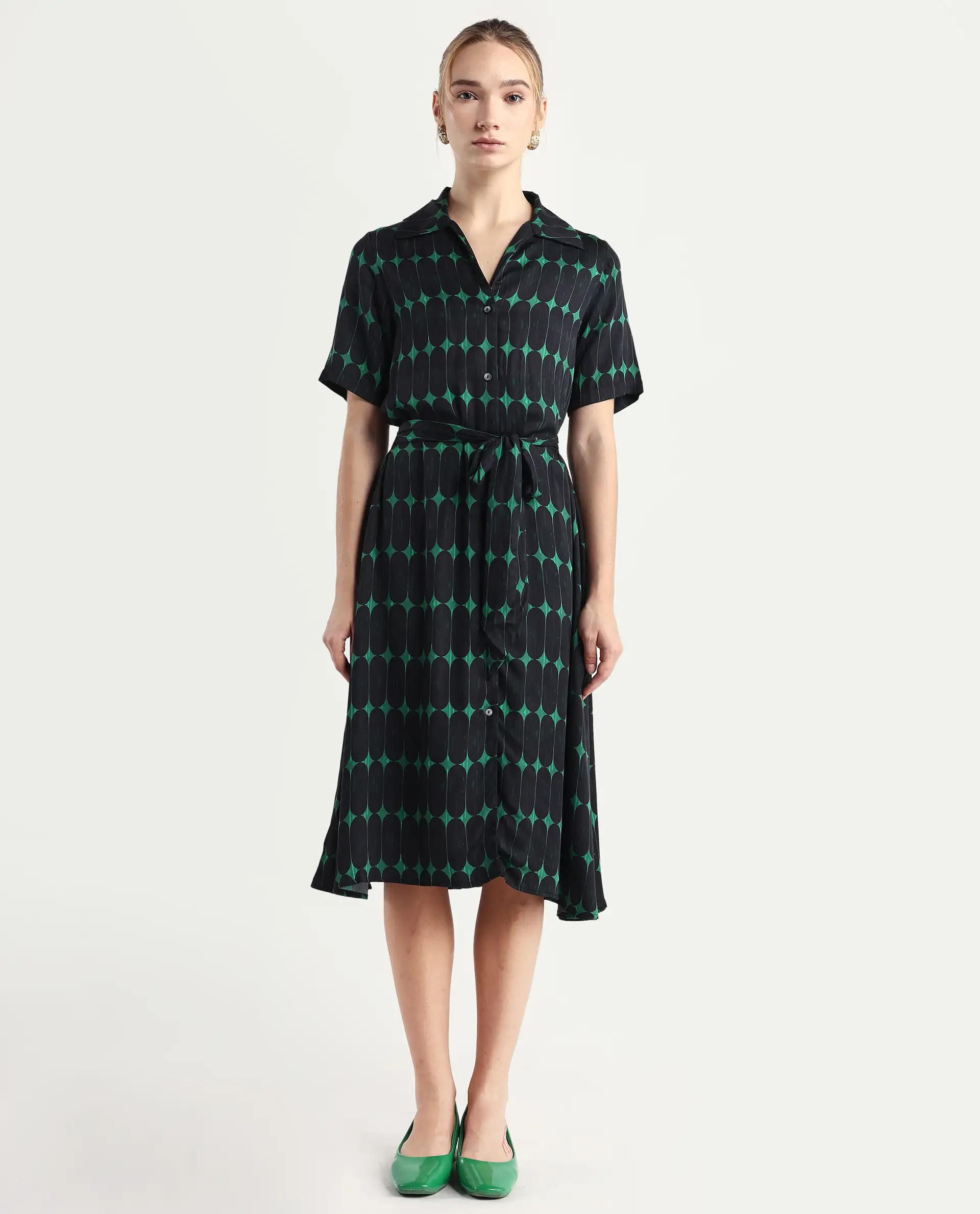 Rareism Women's Millington Green Cotton Johnny Collar Geometric Print Midi A-Line Dress - Image 2