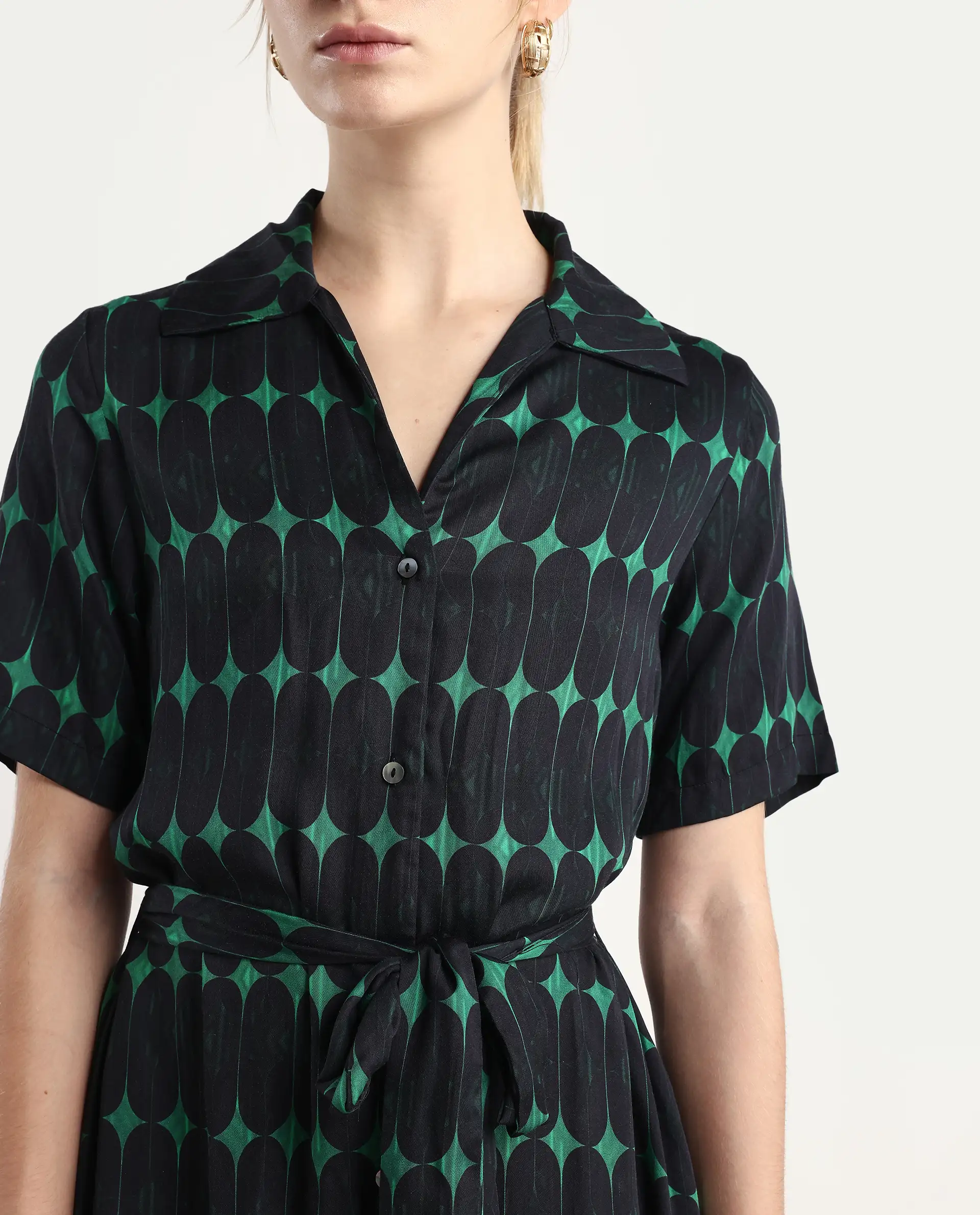 Rareism Women's Millington Green Cotton Johnny Collar Geometric Print Midi A-Line Dress - Image 3