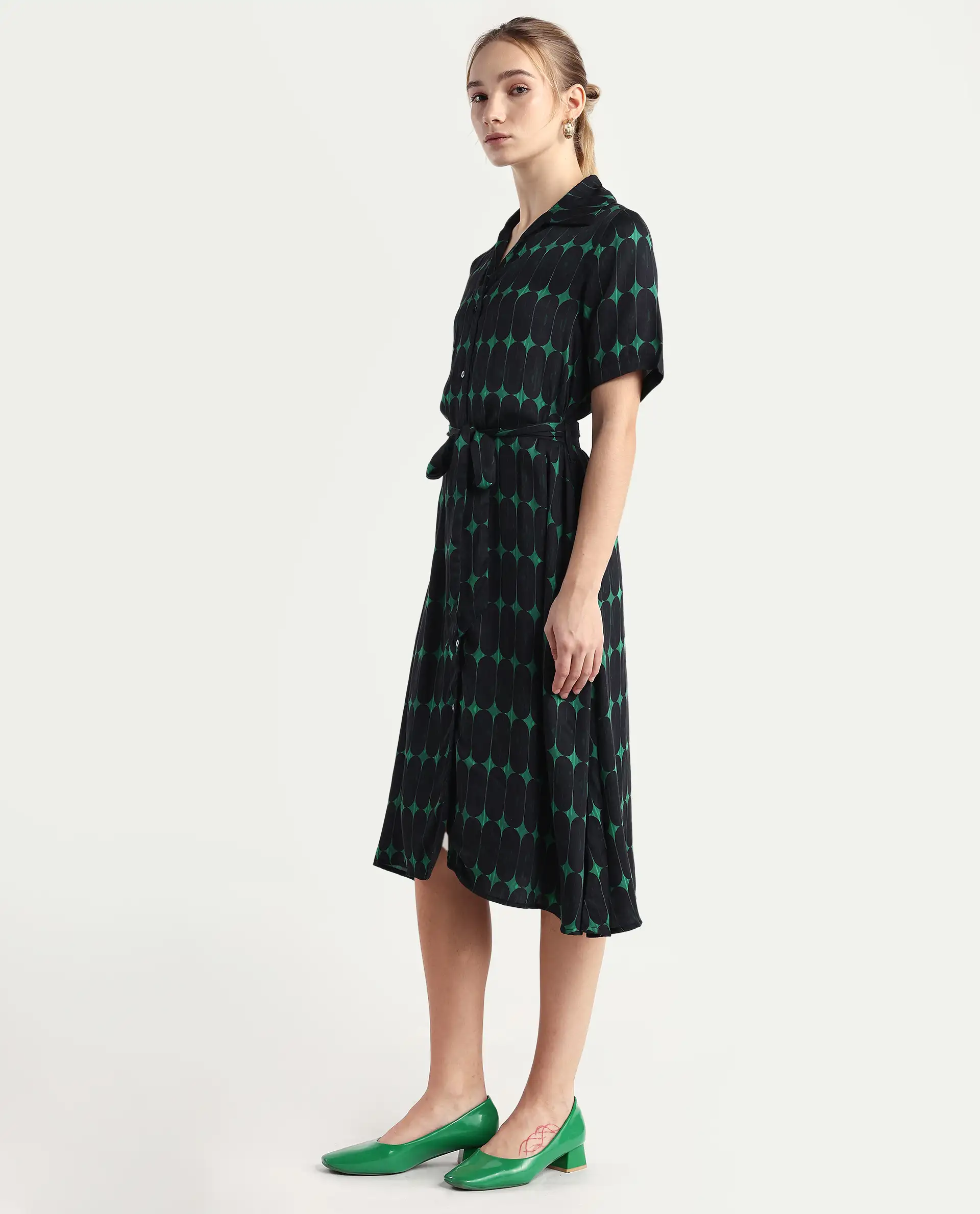 Rareism Women's Millington Green Cotton Johnny Collar Geometric Print Midi A-Line Dress - Image 4