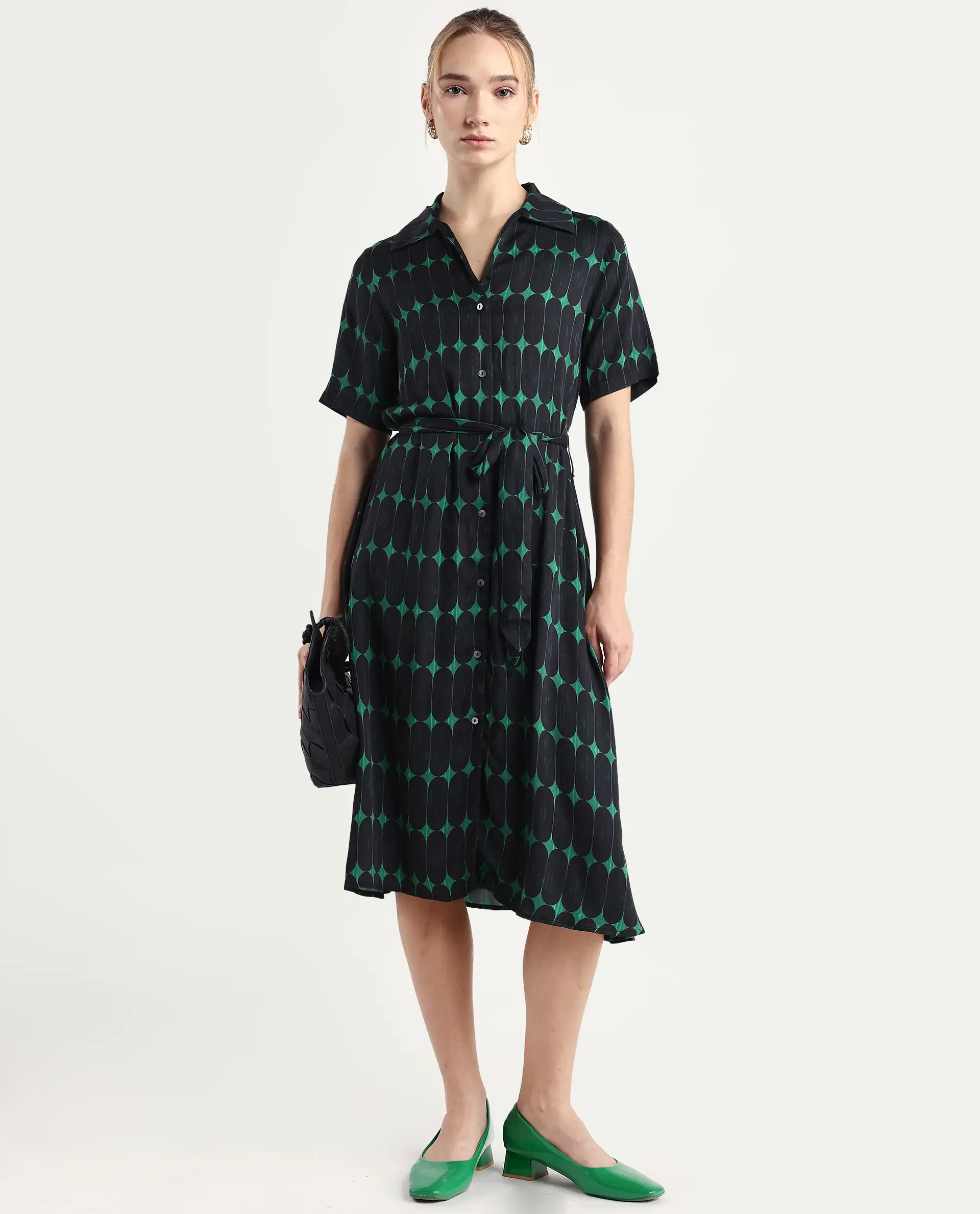 Rareism Women's Millington Green Cotton Johnny Collar Geometric Print Midi A-Line Dress - Image 5
