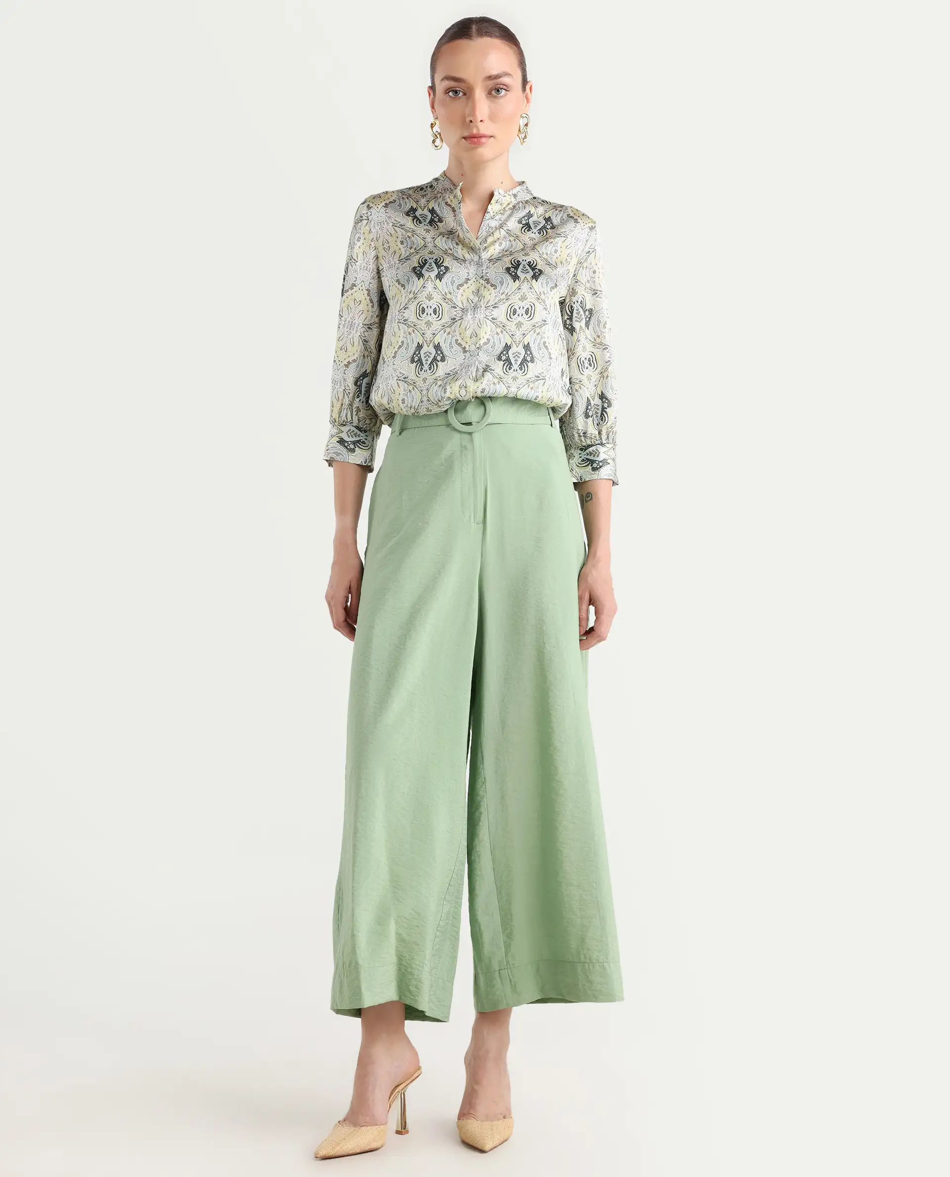 Rareism Women's Millinia Pastel Green Viscose Blend Plain Ankle Length Straight Fit Trouser - Image 2