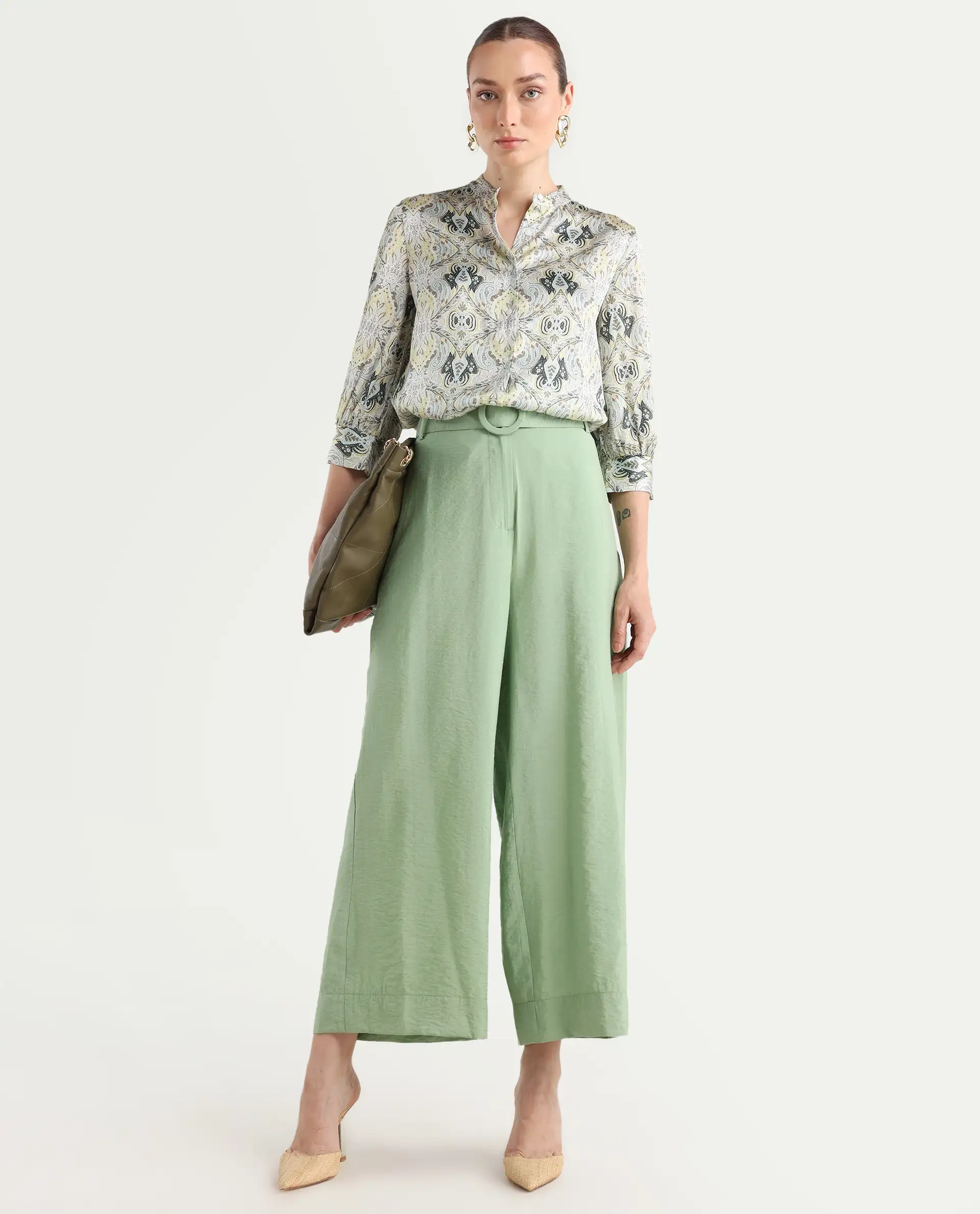 Rareism Women's Millinia Pastel Green Viscose Blend Plain Ankle Length Straight Fit Trouser - Image 5