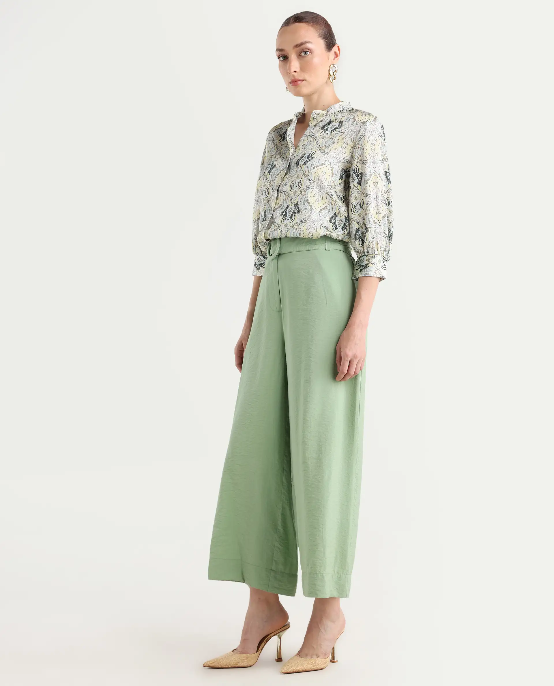 Rareism Women's Millinia Pastel Green Viscose Blend Plain Ankle Length Straight Fit Trouser - Image 6