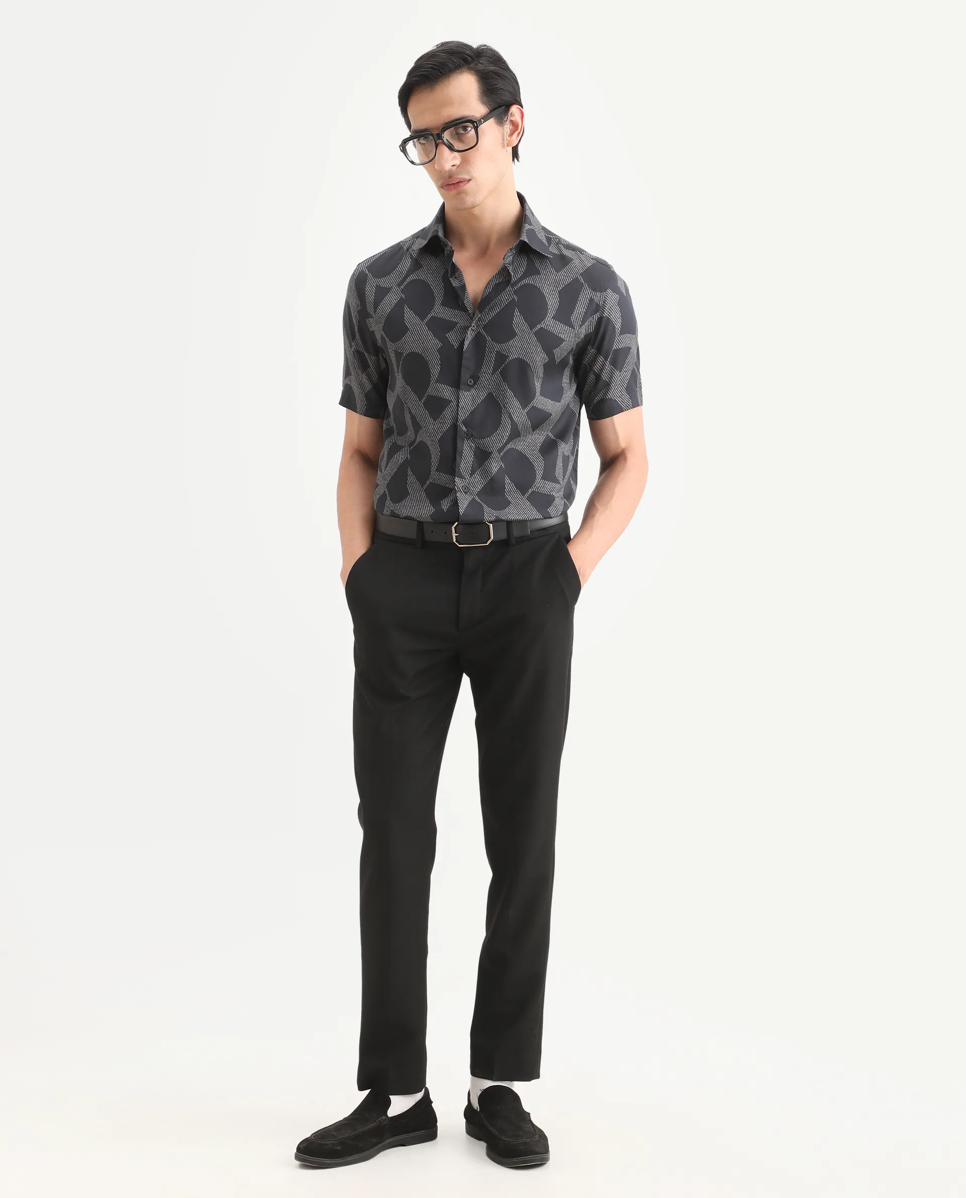 Rare Rabbit Men's Milo Black Cotton Blend Fabric Half Sleeve Spread Collar Regular Fit Monogram Print Shirt - Image 2