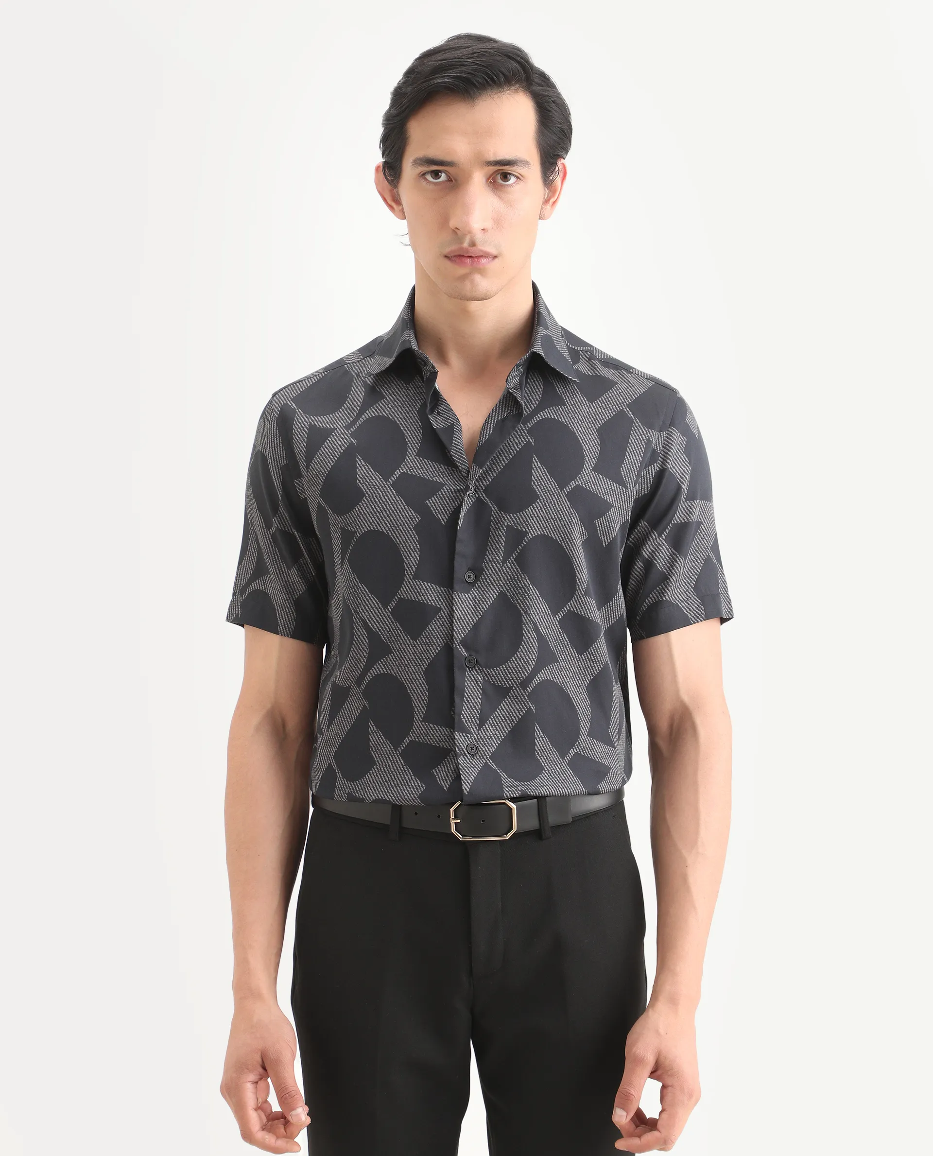 Rare Rabbit Men's Milo Black Cotton Blend Fabric Half Sleeve Spread Collar Regular Fit Monogram Print Shirt - Image 3