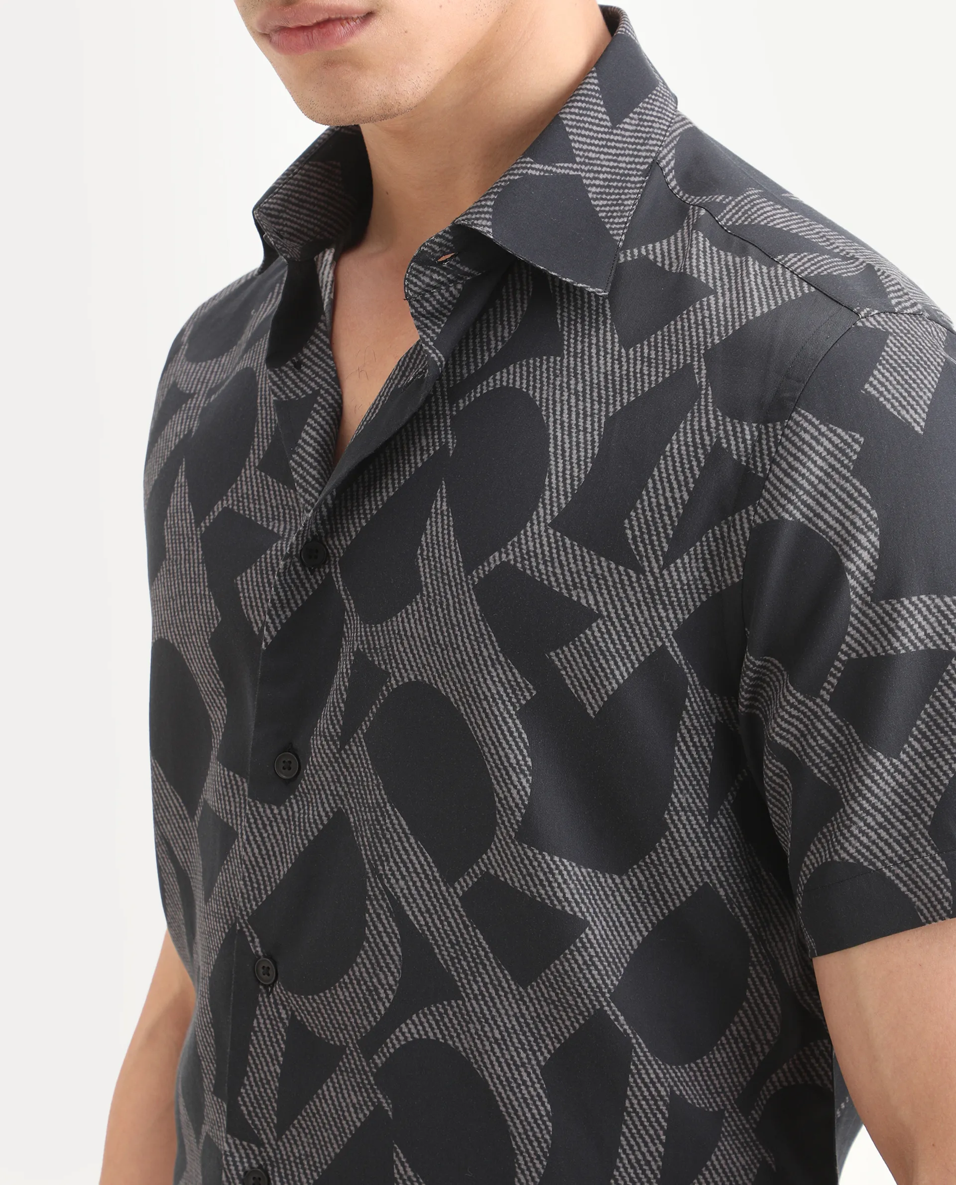 Rare Rabbit Men's Milo Black Cotton Blend Fabric Half Sleeve Spread Collar Regular Fit Monogram Print Shirt - Image 4