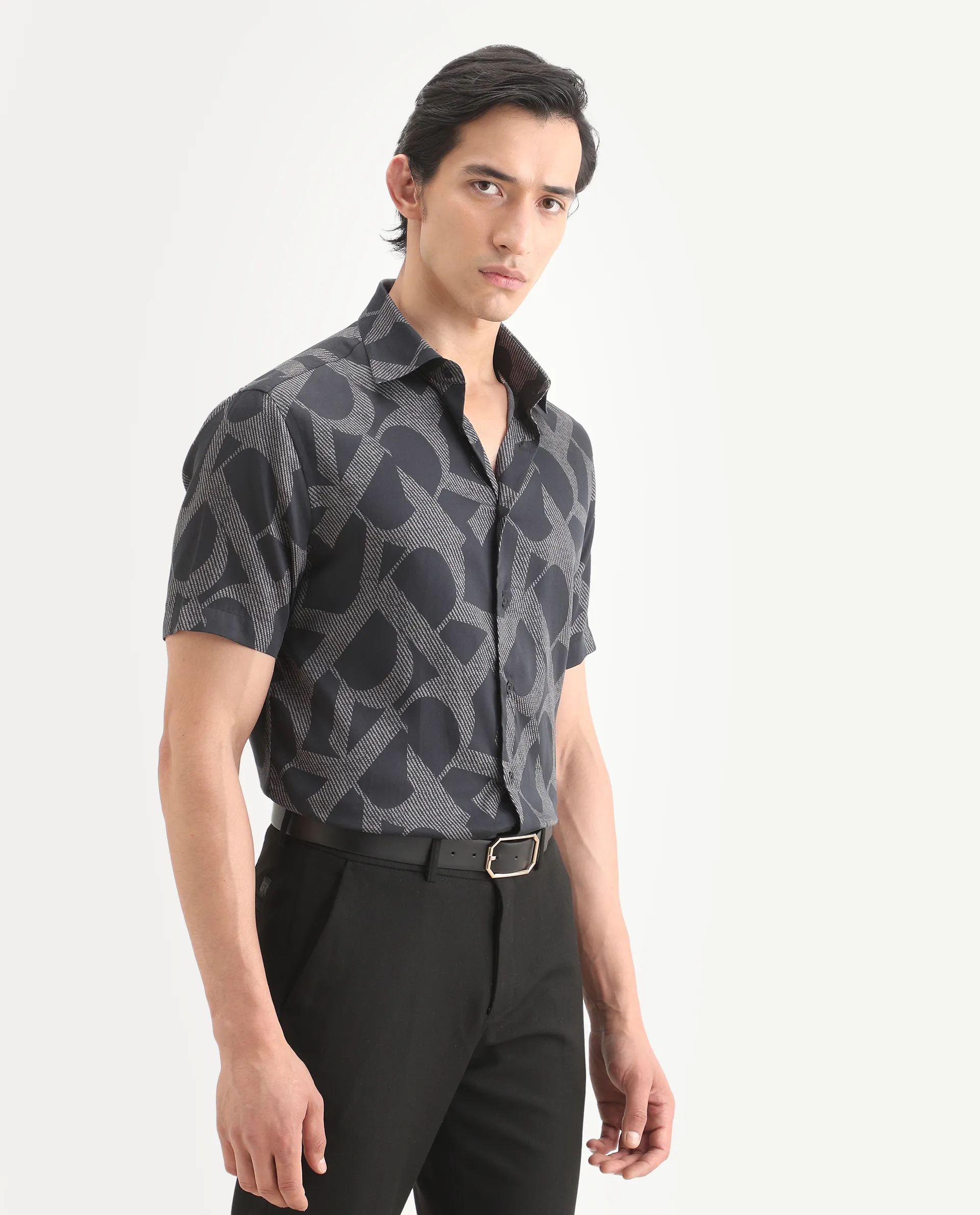 Rare Rabbit Men's Milo Black Cotton Blend Fabric Half Sleeve Spread Collar Regular Fit Monogram Print Shirt - Image 5
