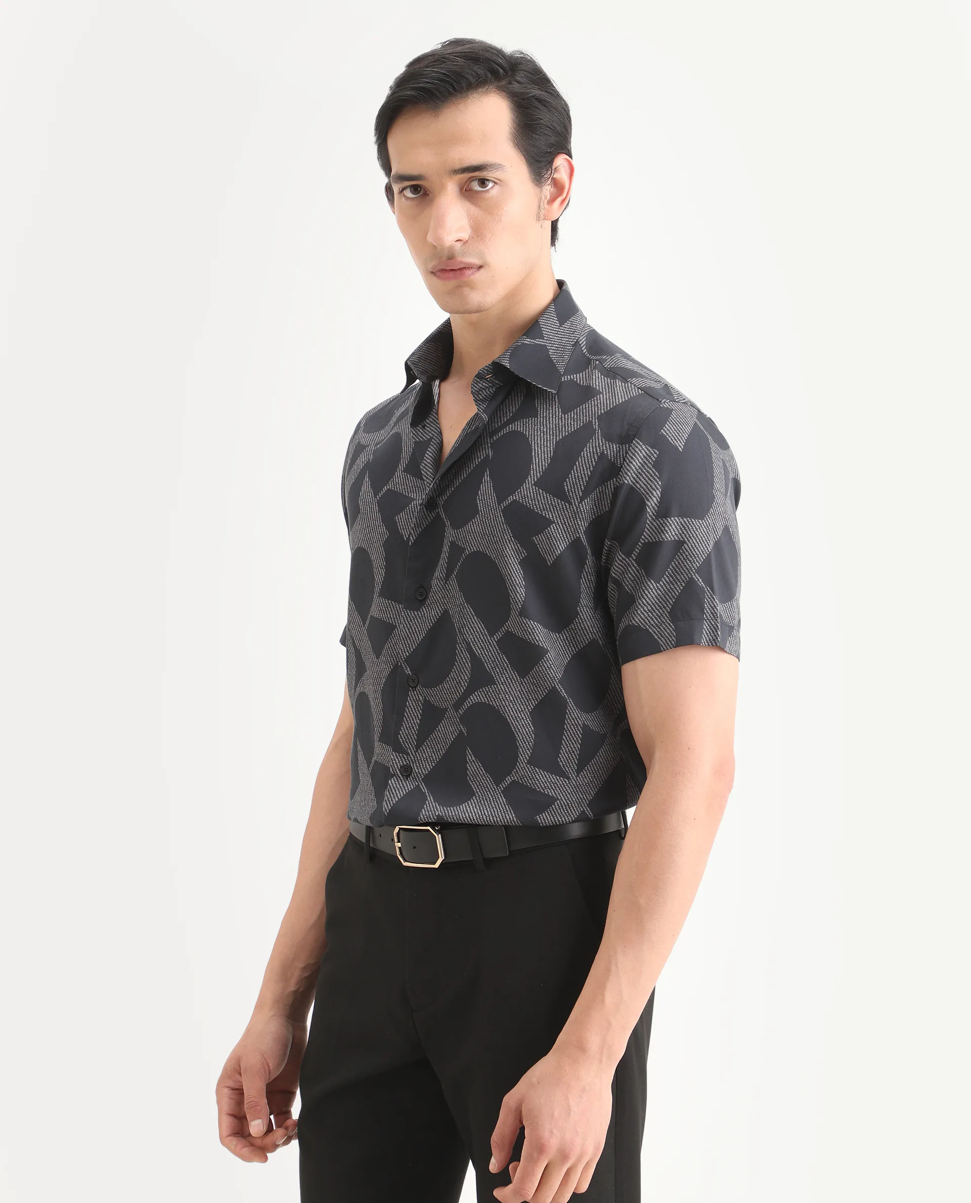 Rare Rabbit Men's Milo Black Cotton Blend Fabric Half Sleeve Spread Collar Regular Fit Monogram Print Shirt - Image 6