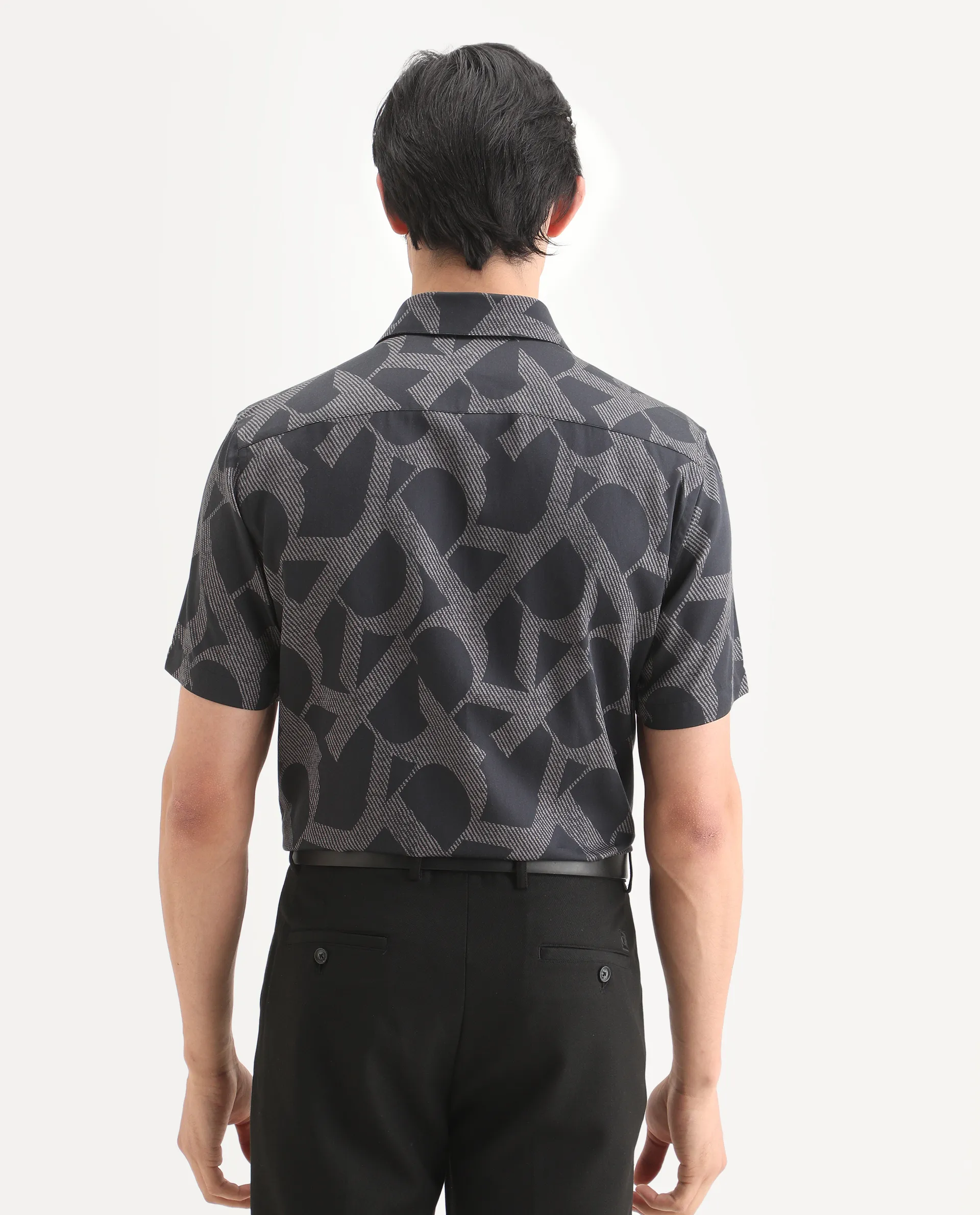 Rare Rabbit Men's Milo Black Cotton Blend Fabric Half Sleeve Spread Collar Regular Fit Monogram Print Shirt - Image 7