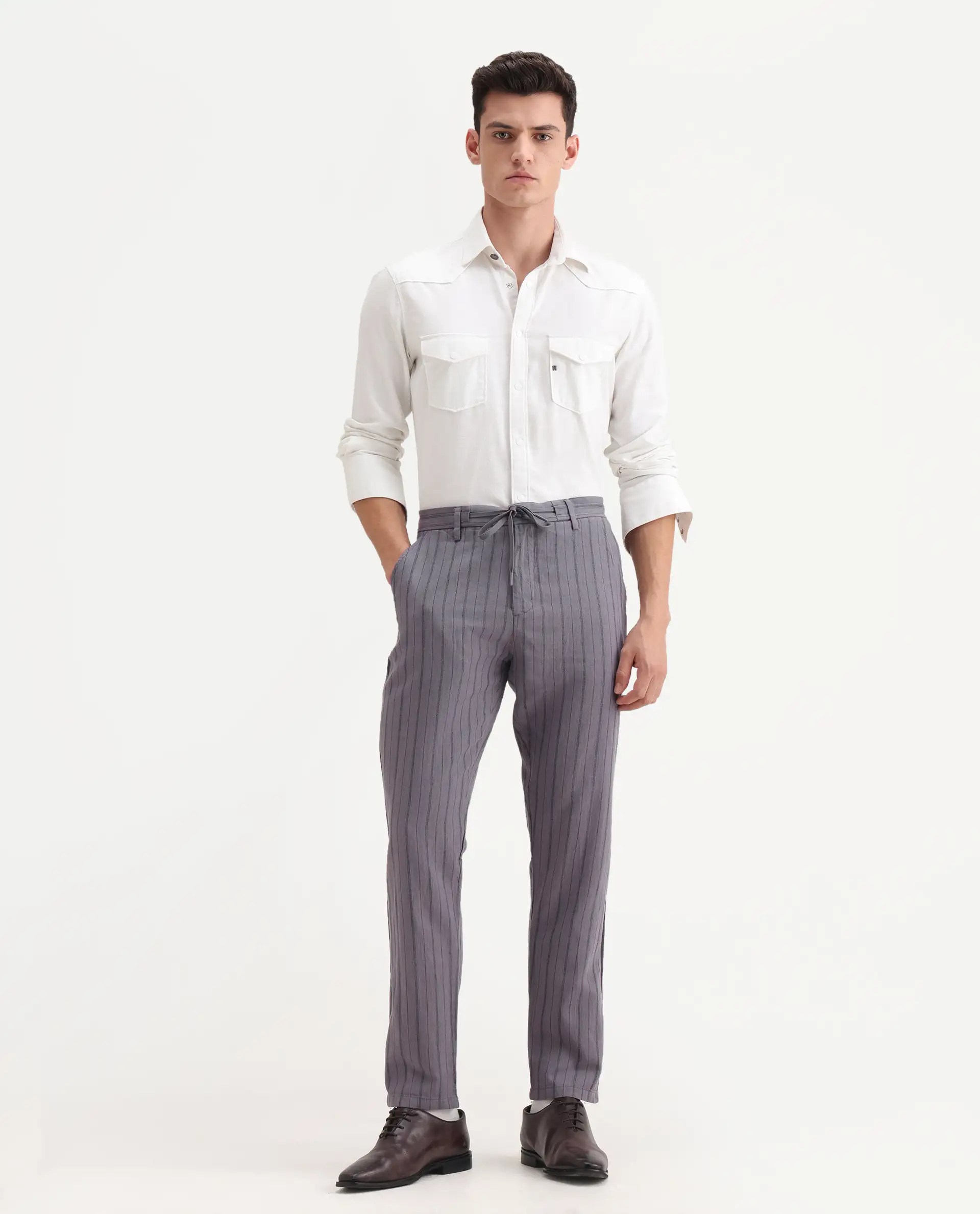 Rare Rabbit Men's Milos Dusky Purple Cotton Striped Print Regular Fit Trouser - Image 4