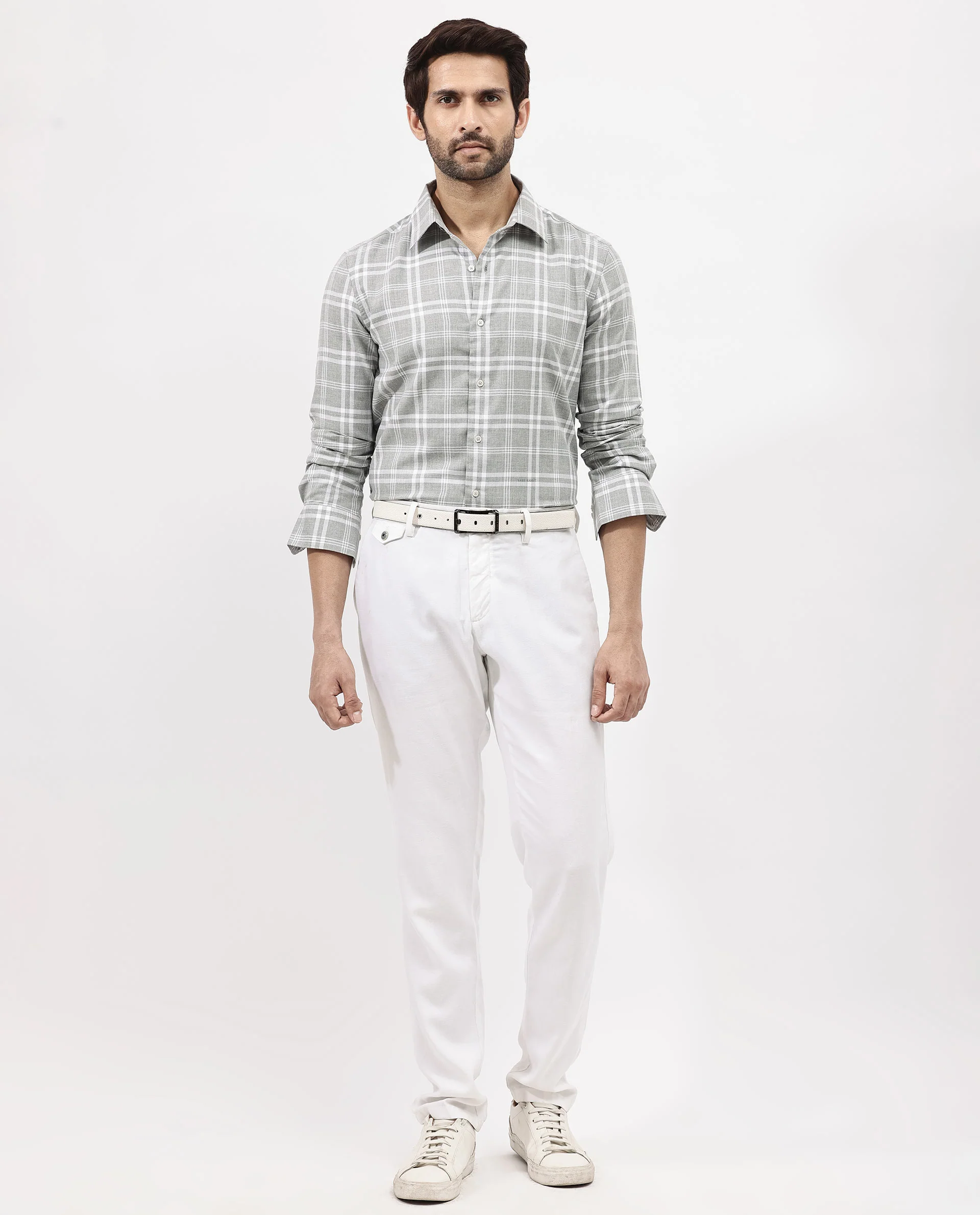 Rare Rabbit Men's Milton Grey Cotton Checked Print Regular Fit Full Sleeve Collared Shirt - Image 2