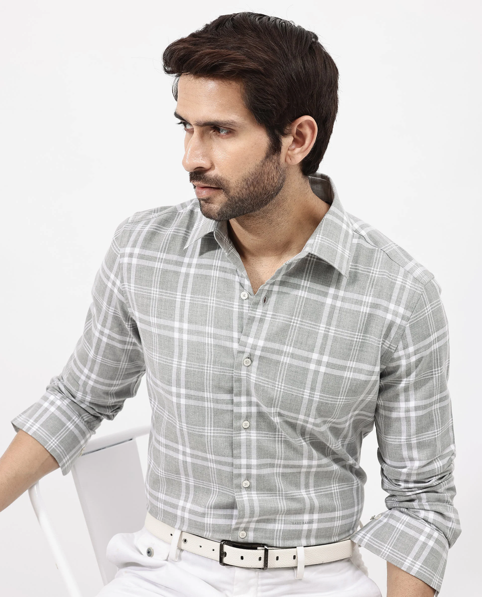 Rare Rabbit Men's Milton Grey Cotton Checked Print Regular Fit Full Sleeve Collared Shirt - Image 3