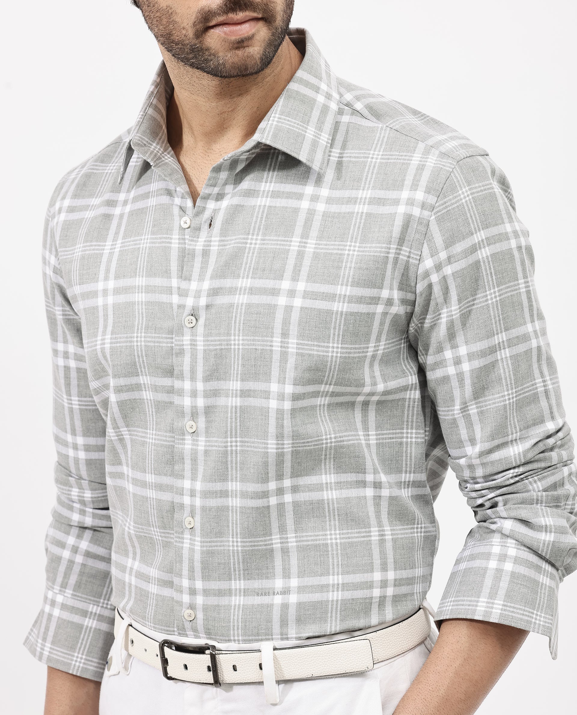 Rare Rabbit Men's Milton Grey Cotton Checked Print Regular Fit Full Sleeve Collared Shirt - Image 5
