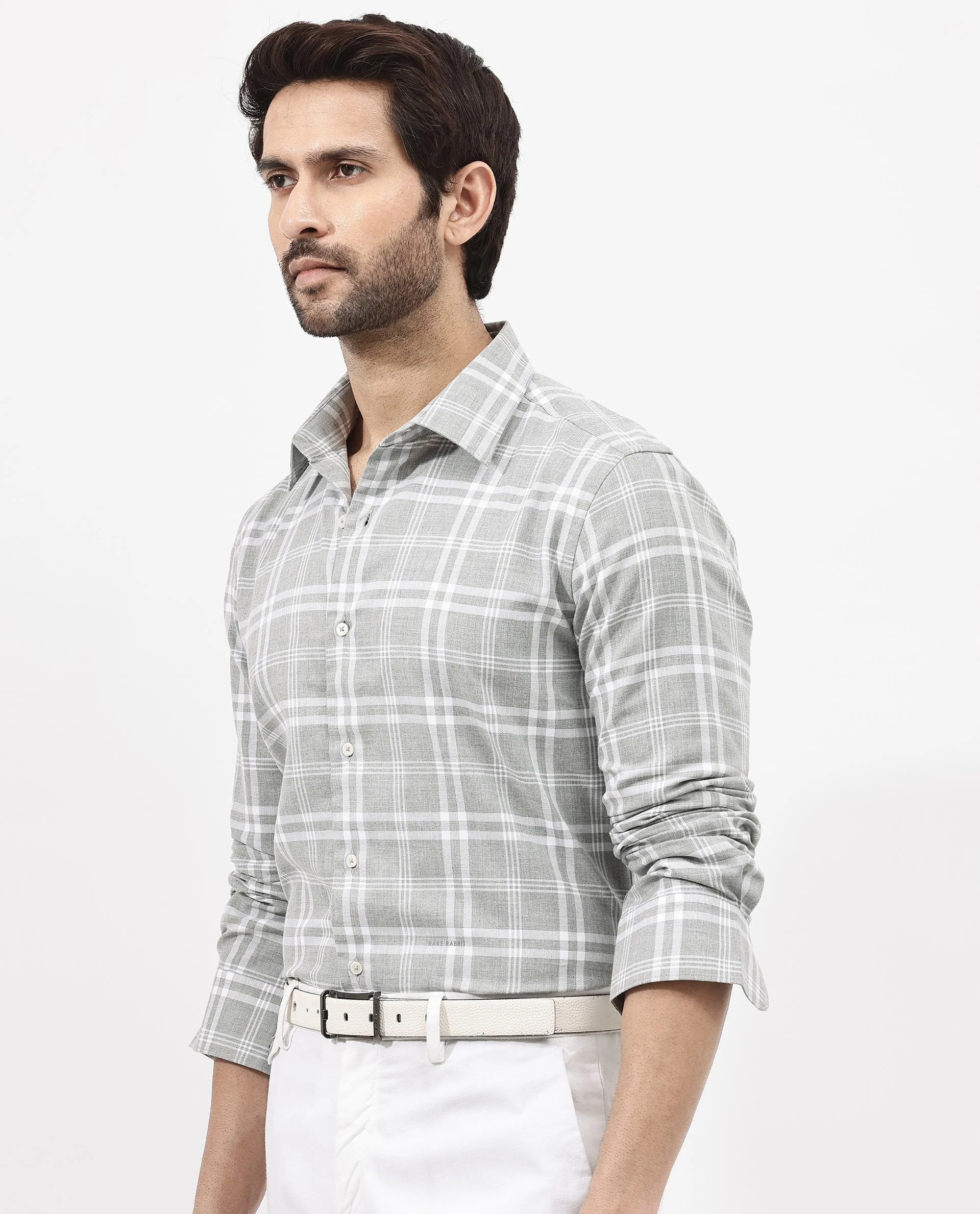 Rare Rabbit Men's Milton Grey Cotton Checked Print Regular Fit Full Sleeve Collared Shirt - Image 7