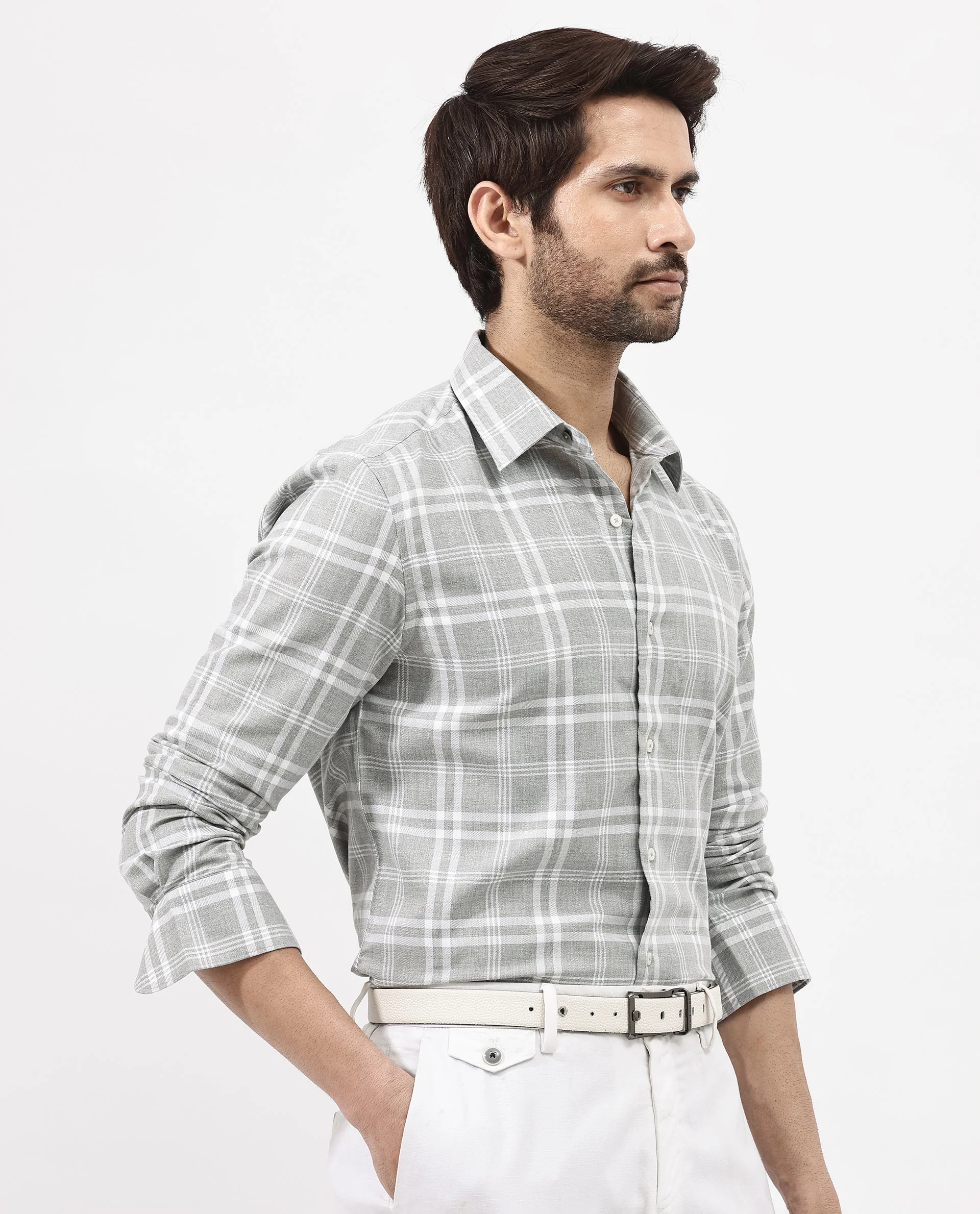 Rare Rabbit Men's Milton Grey Cotton Checked Print Regular Fit Full Sleeve Collared Shirt - Image 8