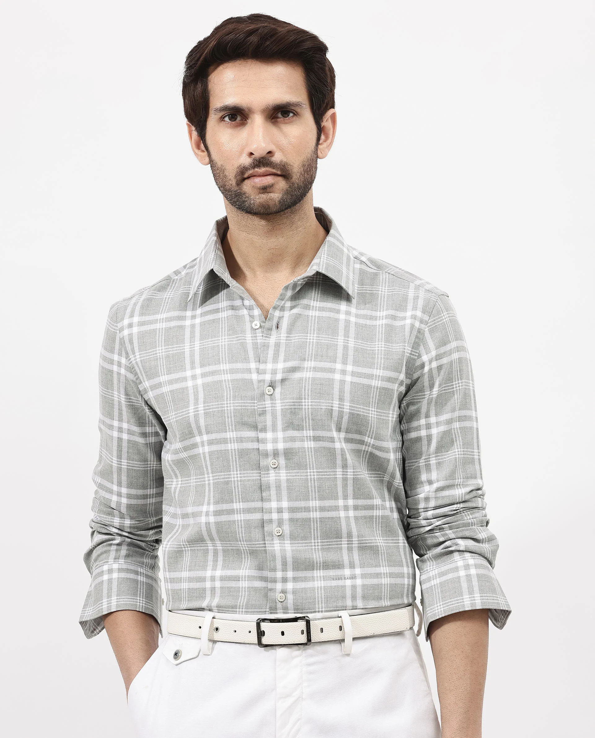 Rare Rabbit Men's Milton Grey Cotton Checked Print Regular Fit Full Sleeve Collared Shirt - Image 9