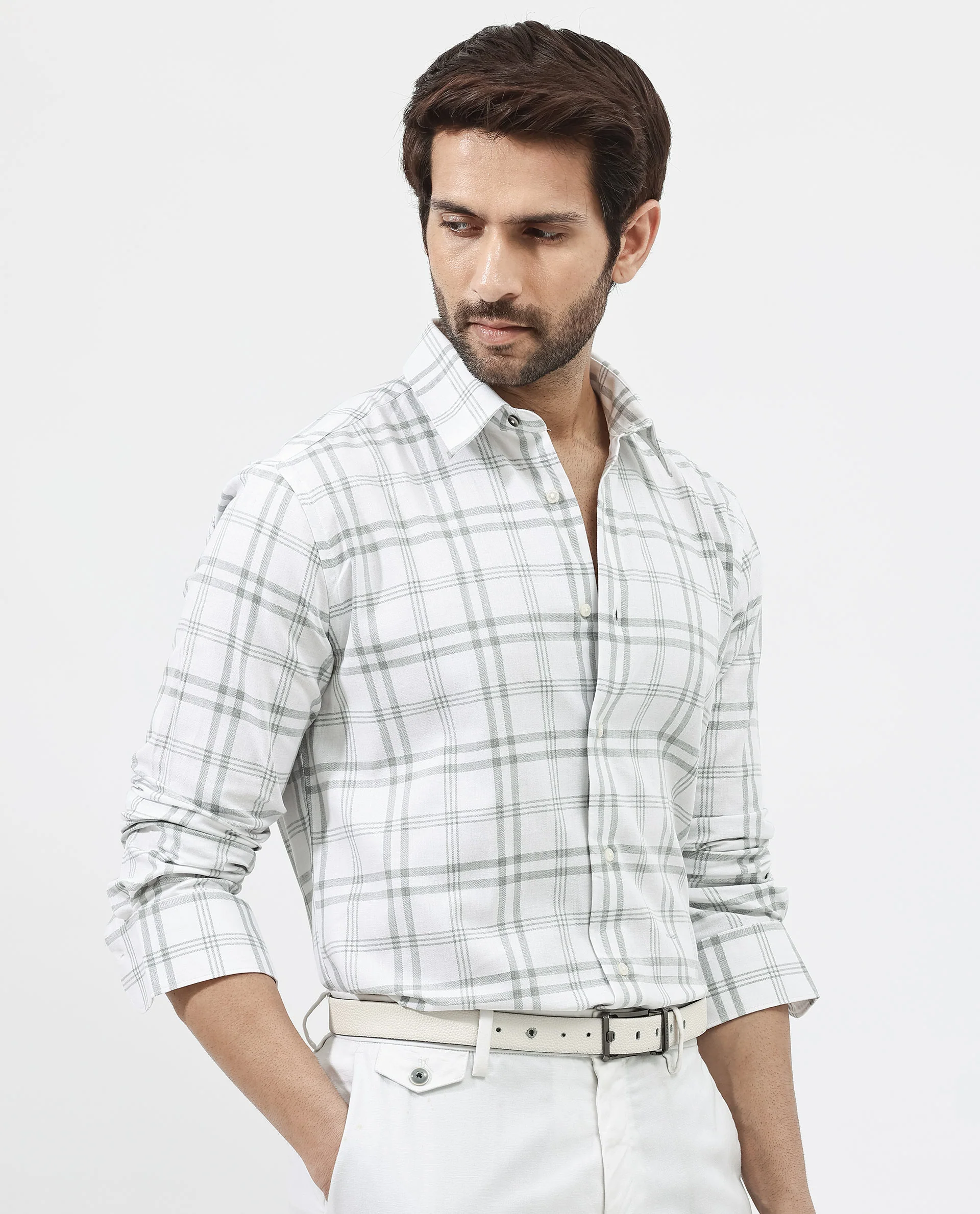 Rare Rabbit Men's Milton Off White Cotton Checked Print Regular Fit Full Sleeve Collared Shirt - Image 3