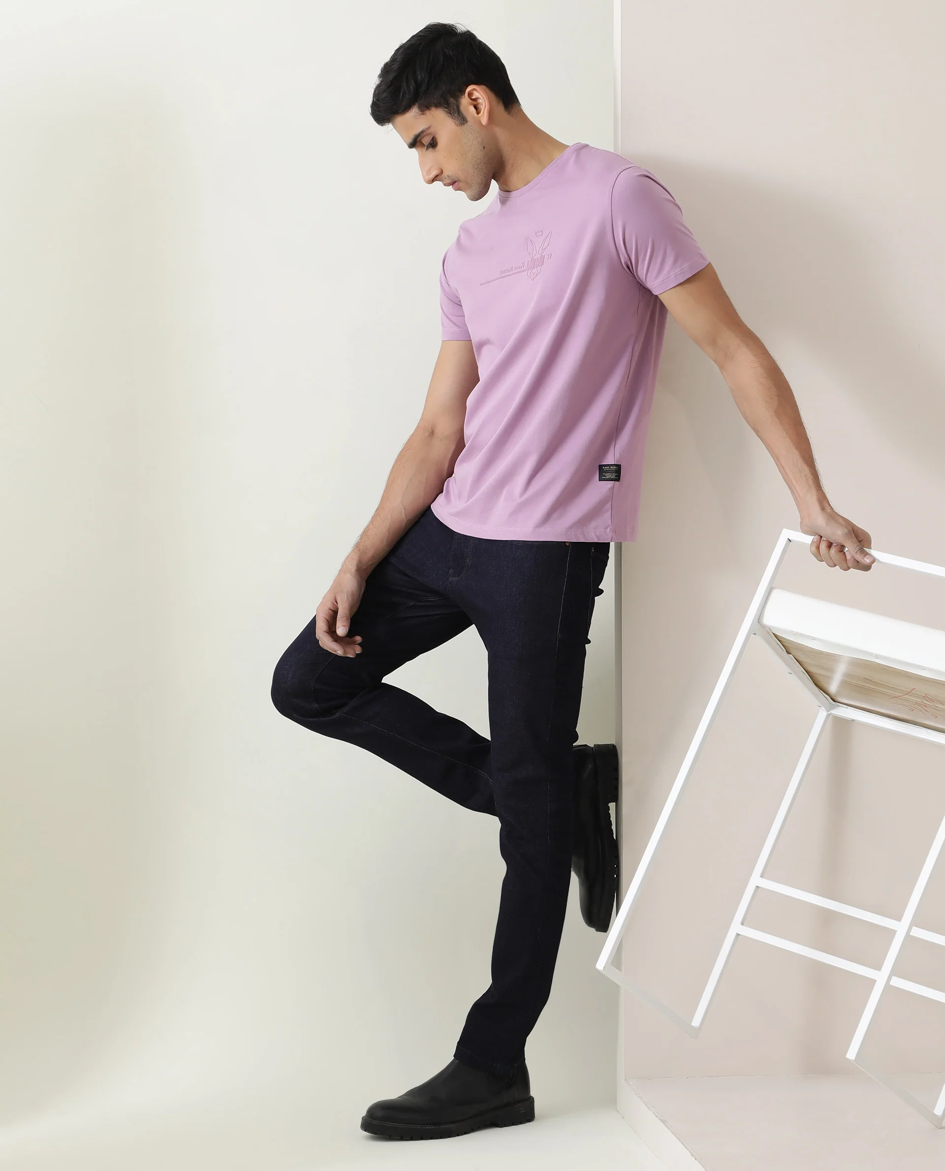 Rare Rabbit Men's Milton Pink Cotton Graphic Print Slim Fit Half Sleeve Crew Neck T-Shirt - Image 6