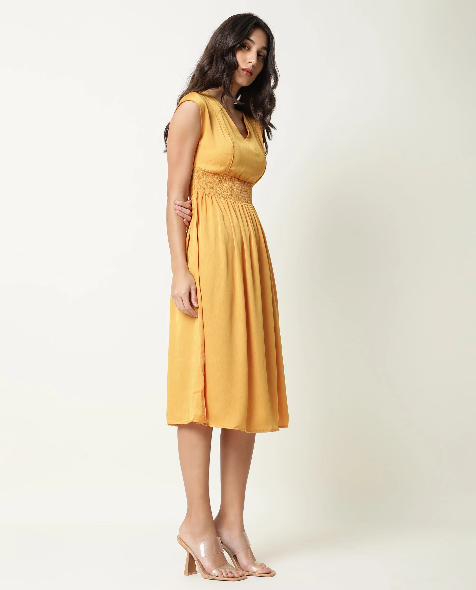 Rareism Women's Milux Mustard V-Neck Plain Sleeveless Knee Length Regular Fit Dress - Image 10