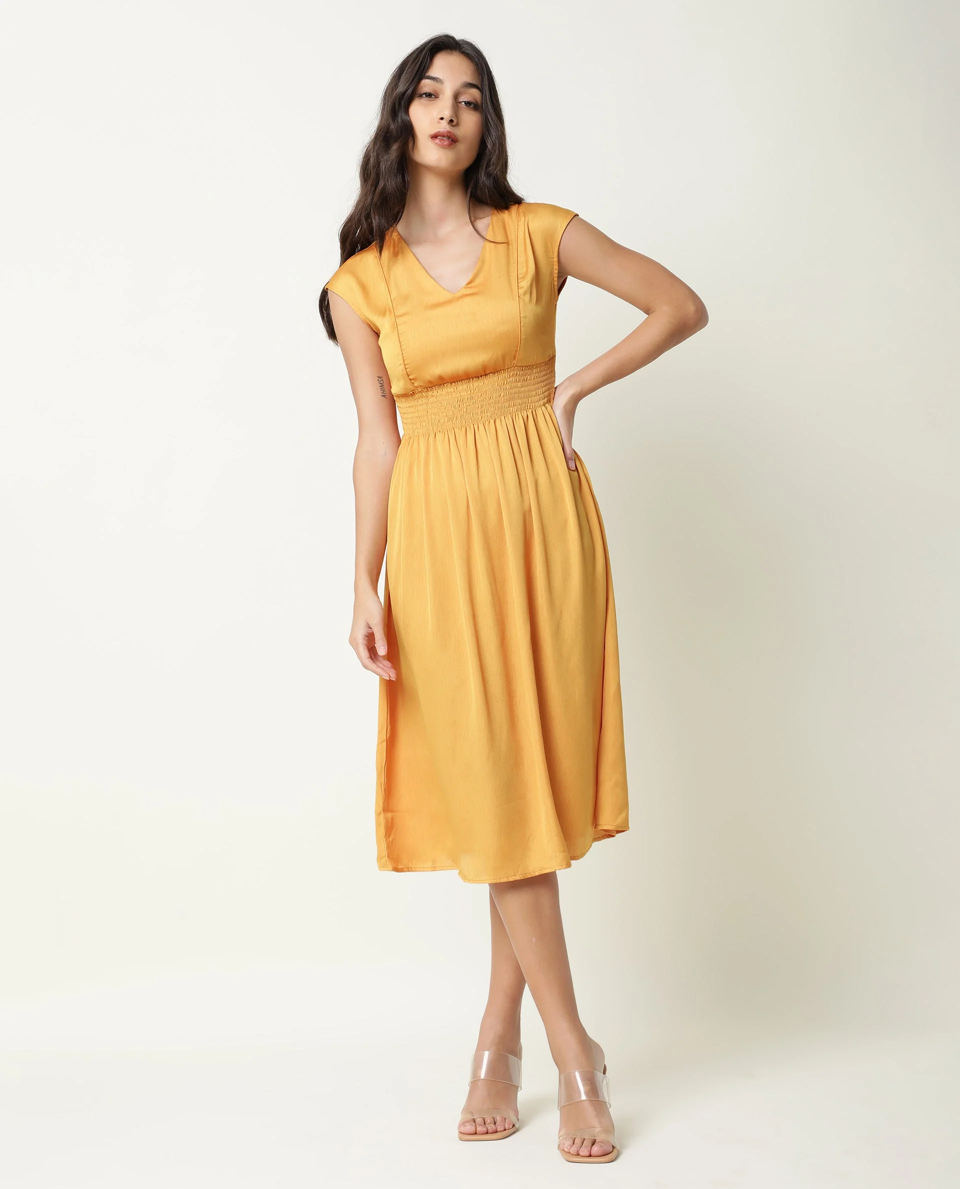 Rareism Women's Milux Mustard V-Neck Plain Sleeveless Knee Length Regular Fit Dress - Image 2