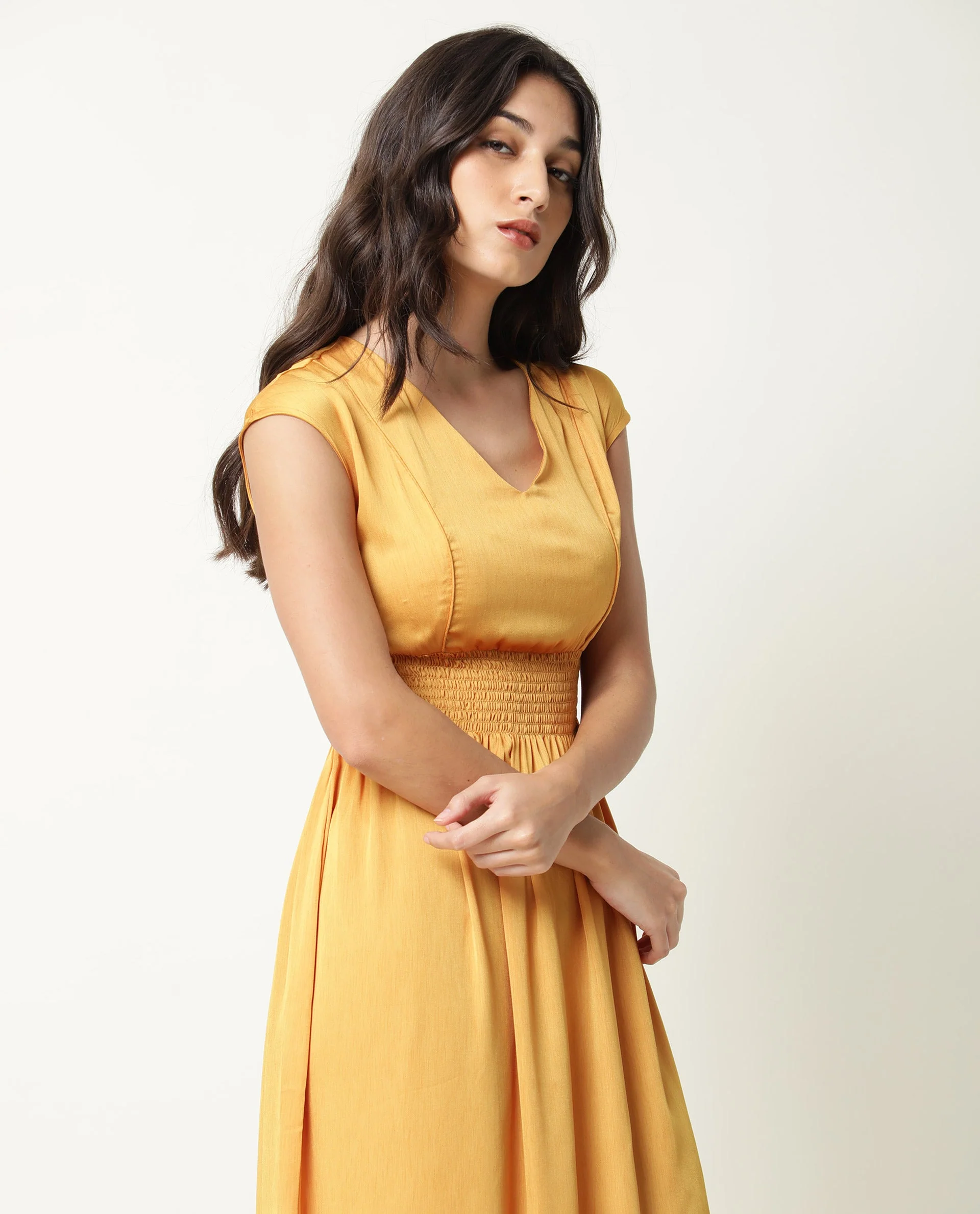 Rareism Women's Milux Mustard V-Neck Plain Sleeveless Knee Length Regular Fit Dress - Image 3
