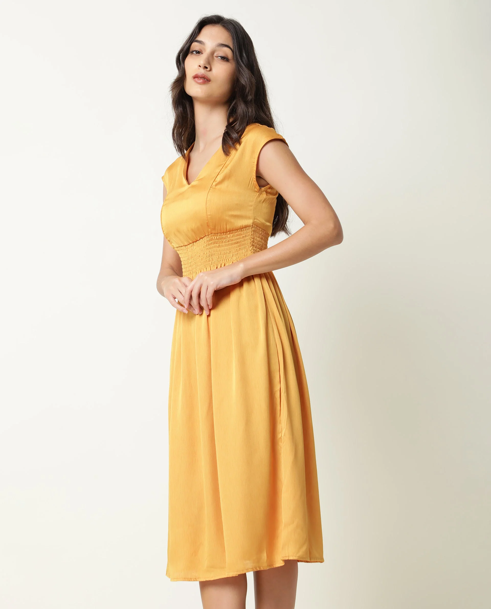 Rareism Women's Milux Mustard V-Neck Plain Sleeveless Knee Length Regular Fit Dress - Image 4