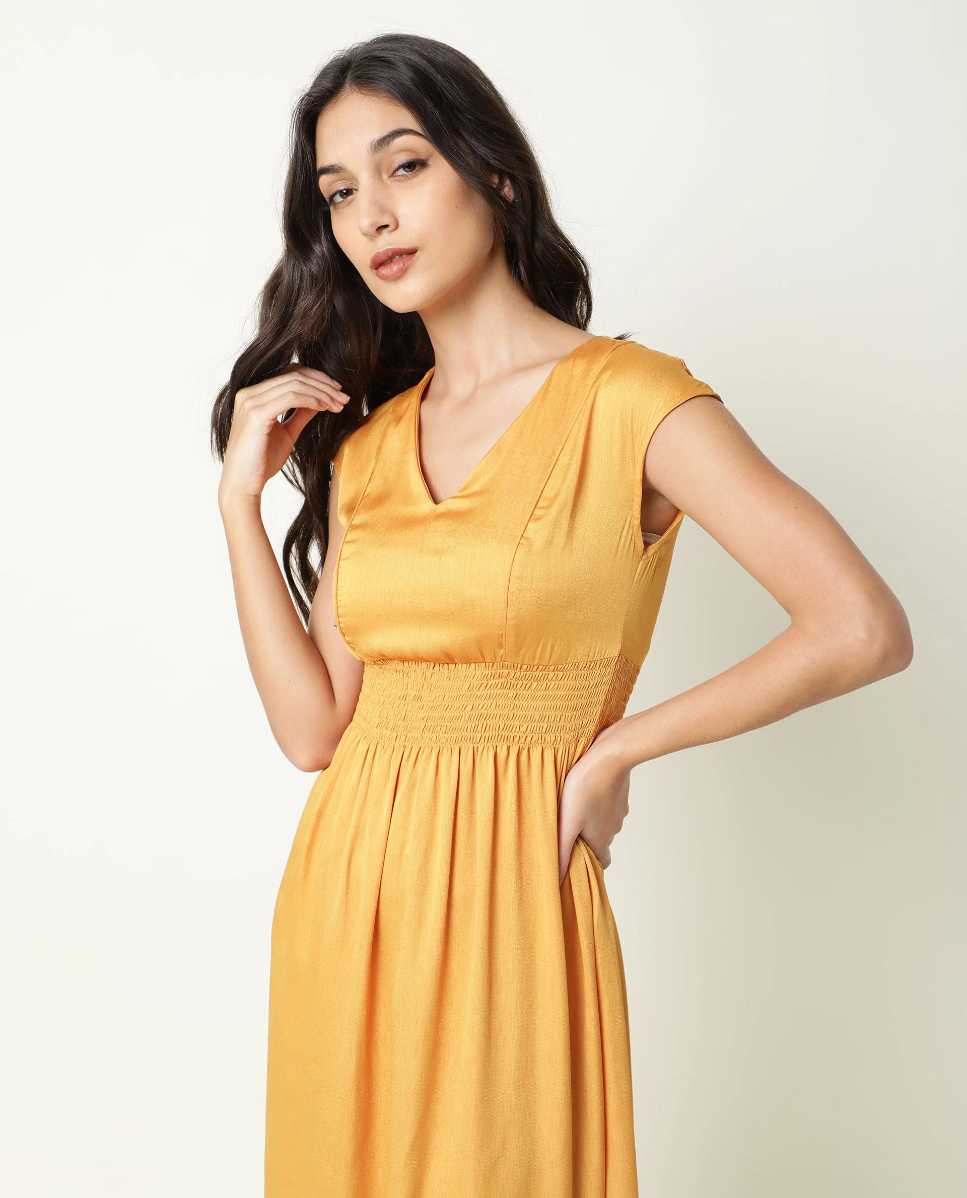 Rareism Women's Milux Mustard V-Neck Plain Sleeveless Knee Length Regular Fit Dress - Image 5