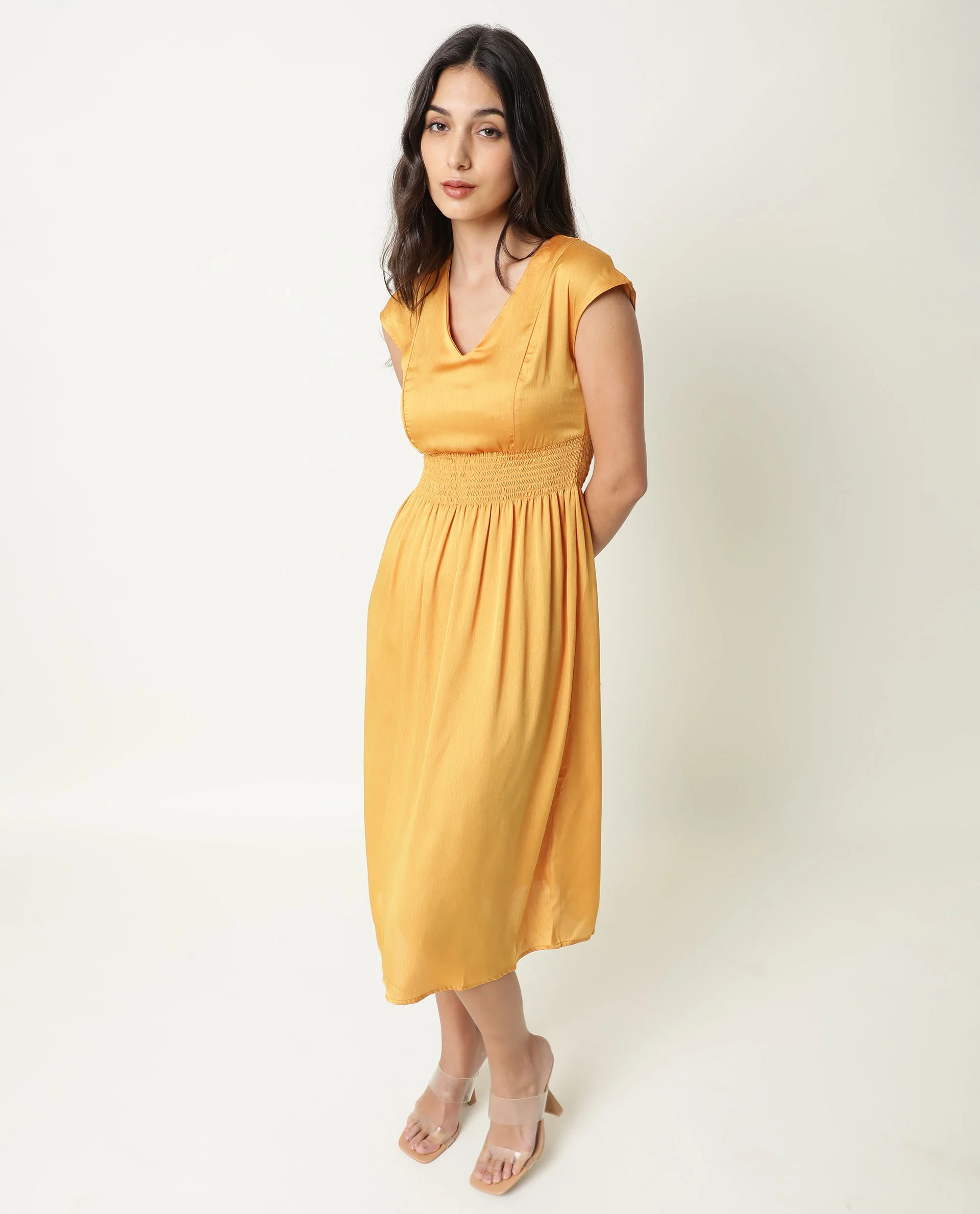 Rareism Women's Milux Mustard V-Neck Plain Sleeveless Knee Length Regular Fit Dress - Image 6