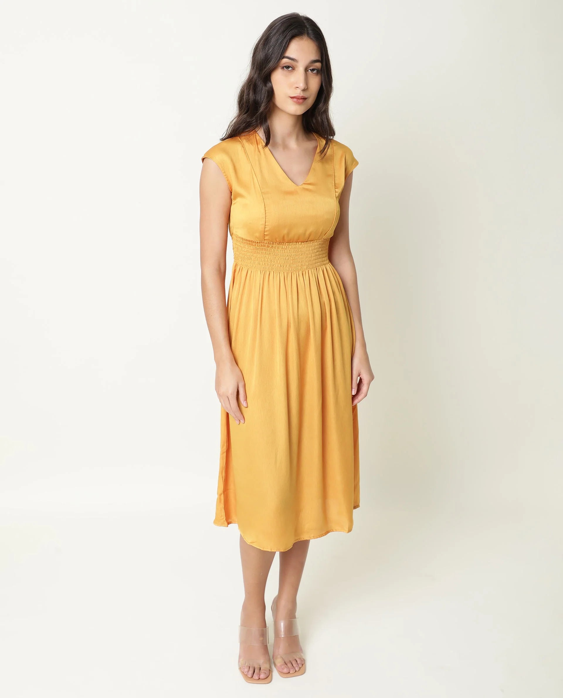 Rareism Women's Milux Mustard V-Neck Plain Sleeveless Knee Length Regular Fit Dress - Image 7