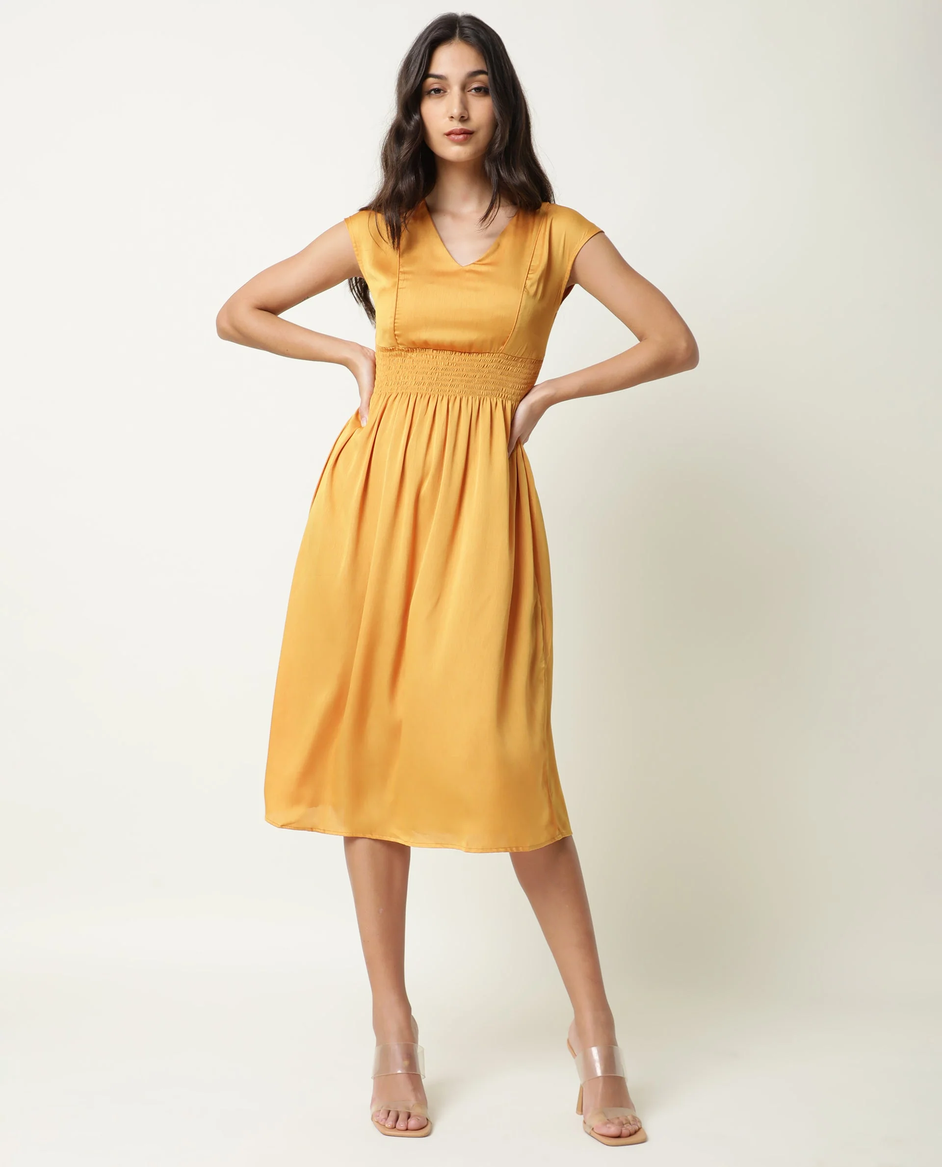 Rareism Women's Milux Mustard V-Neck Plain Sleeveless Knee Length Regular Fit Dress - Image 8