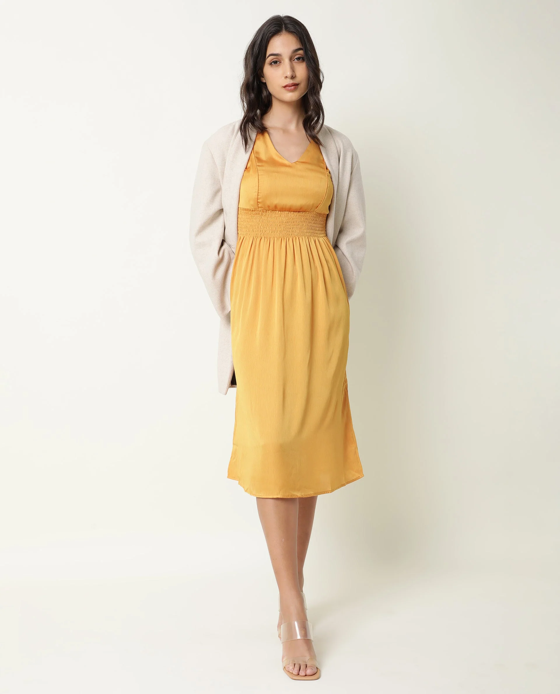 Rareism Women's Milux Mustard V-Neck Plain Sleeveless Knee Length Regular Fit Dress - Image 9