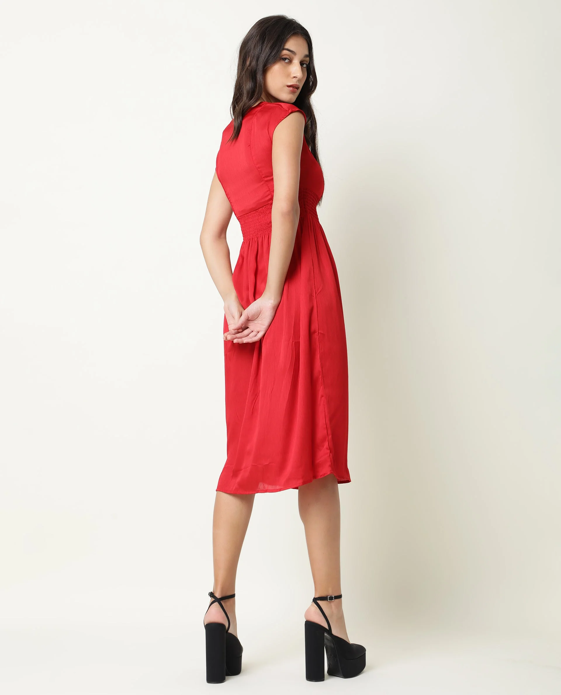 Rareism Women's Milux Red V-Neck Plain Sleeveless Knee Length Regular Fit Dress - Image 10