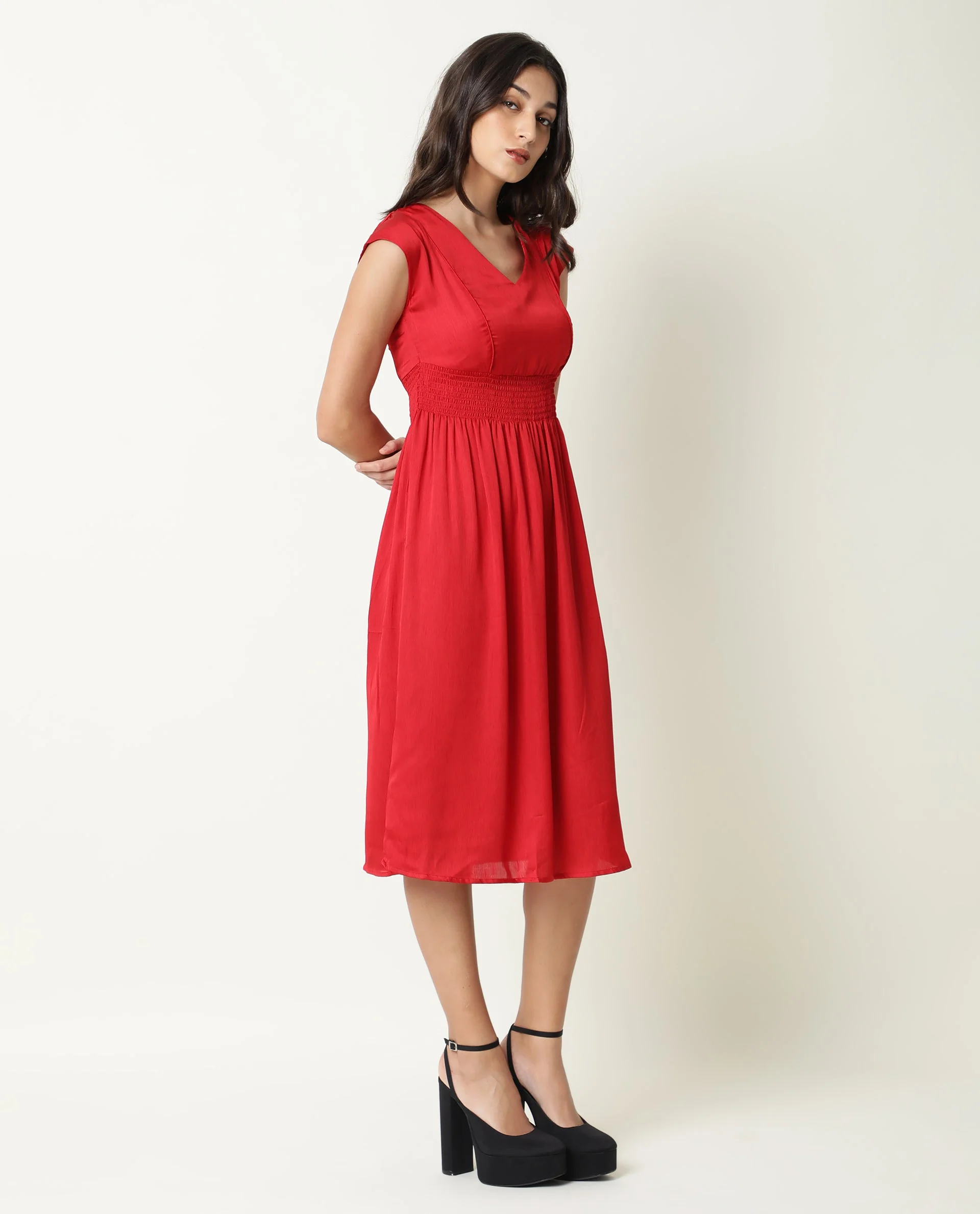 Rareism Women's Milux Red V-Neck Plain Sleeveless Knee Length Regular Fit Dress - Image 2