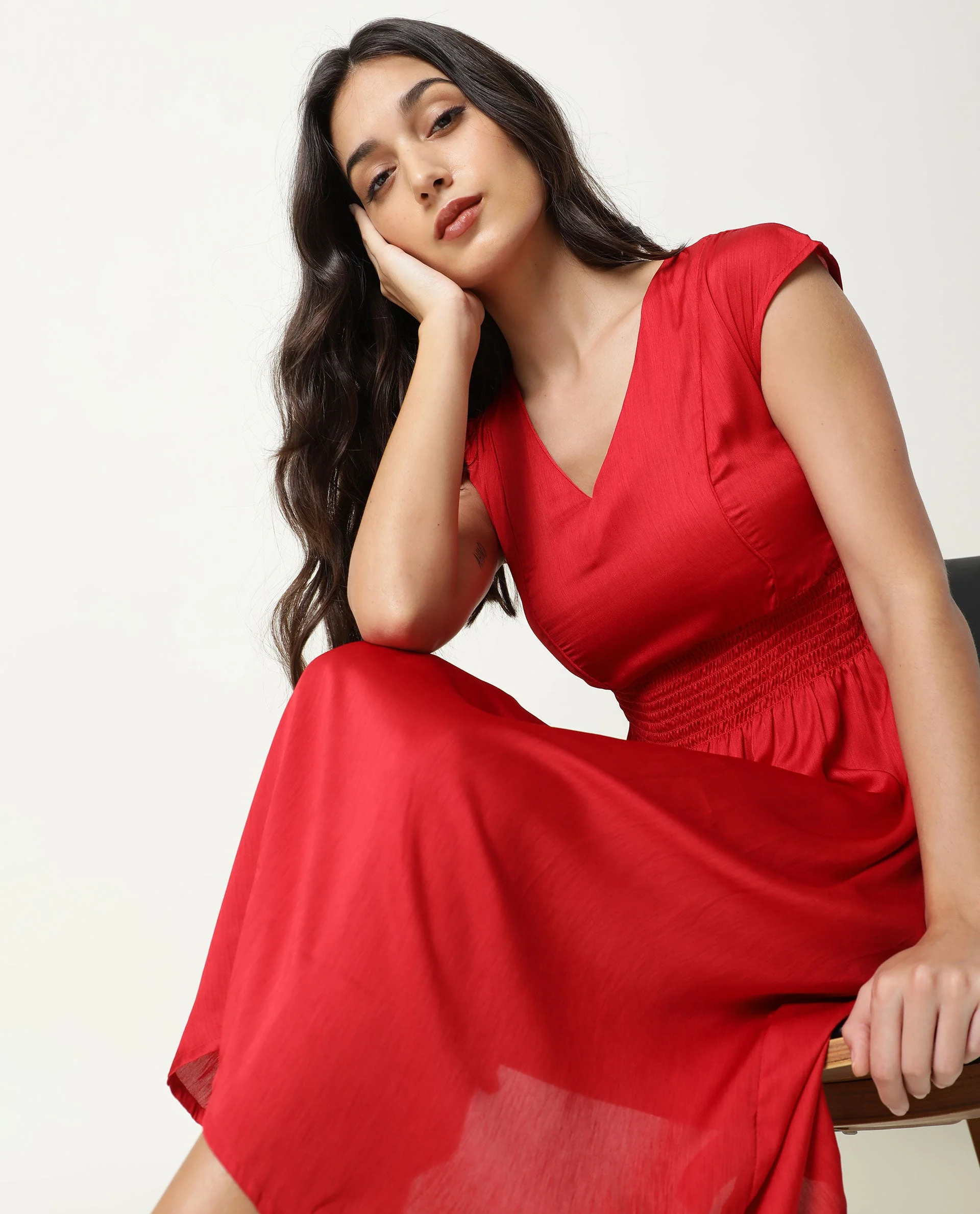 Rareism Women's Milux Red V-Neck Plain Sleeveless Knee Length Regular Fit Dress - Image 3