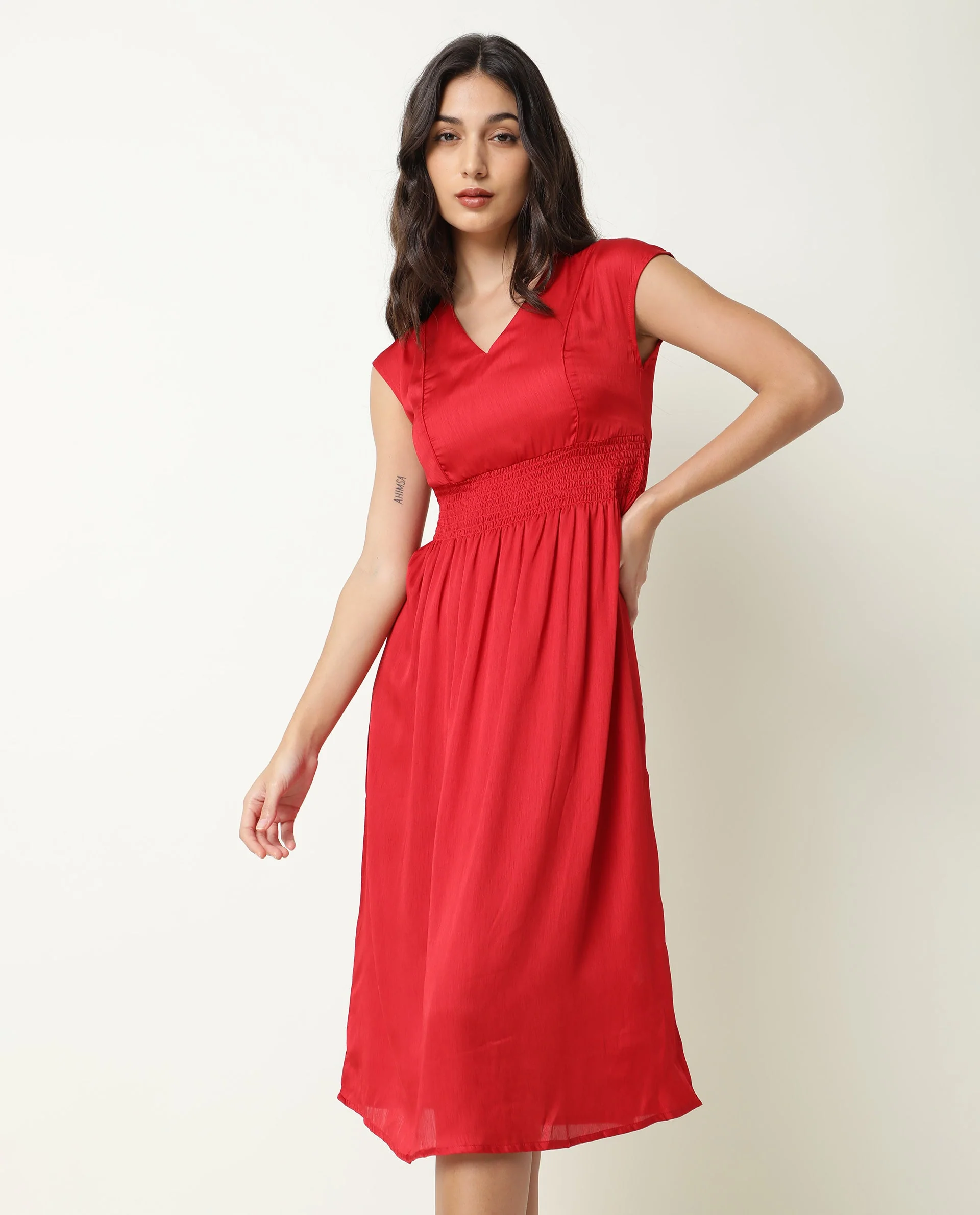 Rareism Women's Milux Red V-Neck Plain Sleeveless Knee Length Regular Fit Dress - Image 5