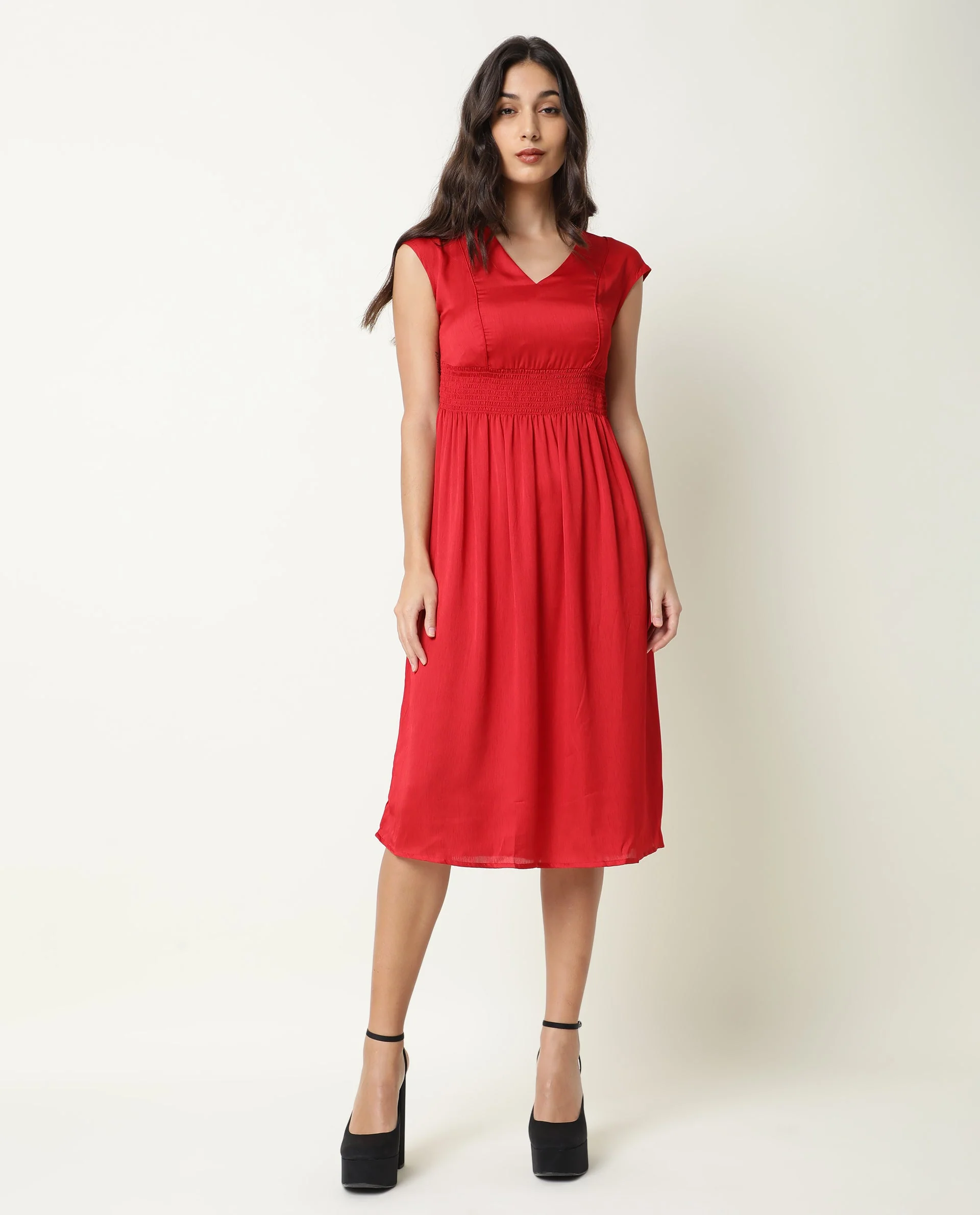 Rareism Women's Milux Red V-Neck Plain Sleeveless Knee Length Regular Fit Dress - Image 6