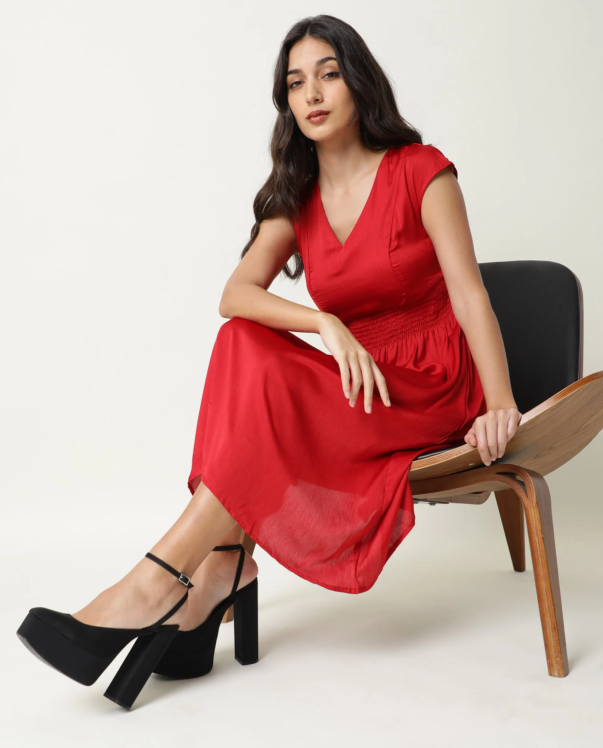 Rareism Women's Milux Red V-Neck Plain Sleeveless Knee Length Regular Fit Dress - Image 7