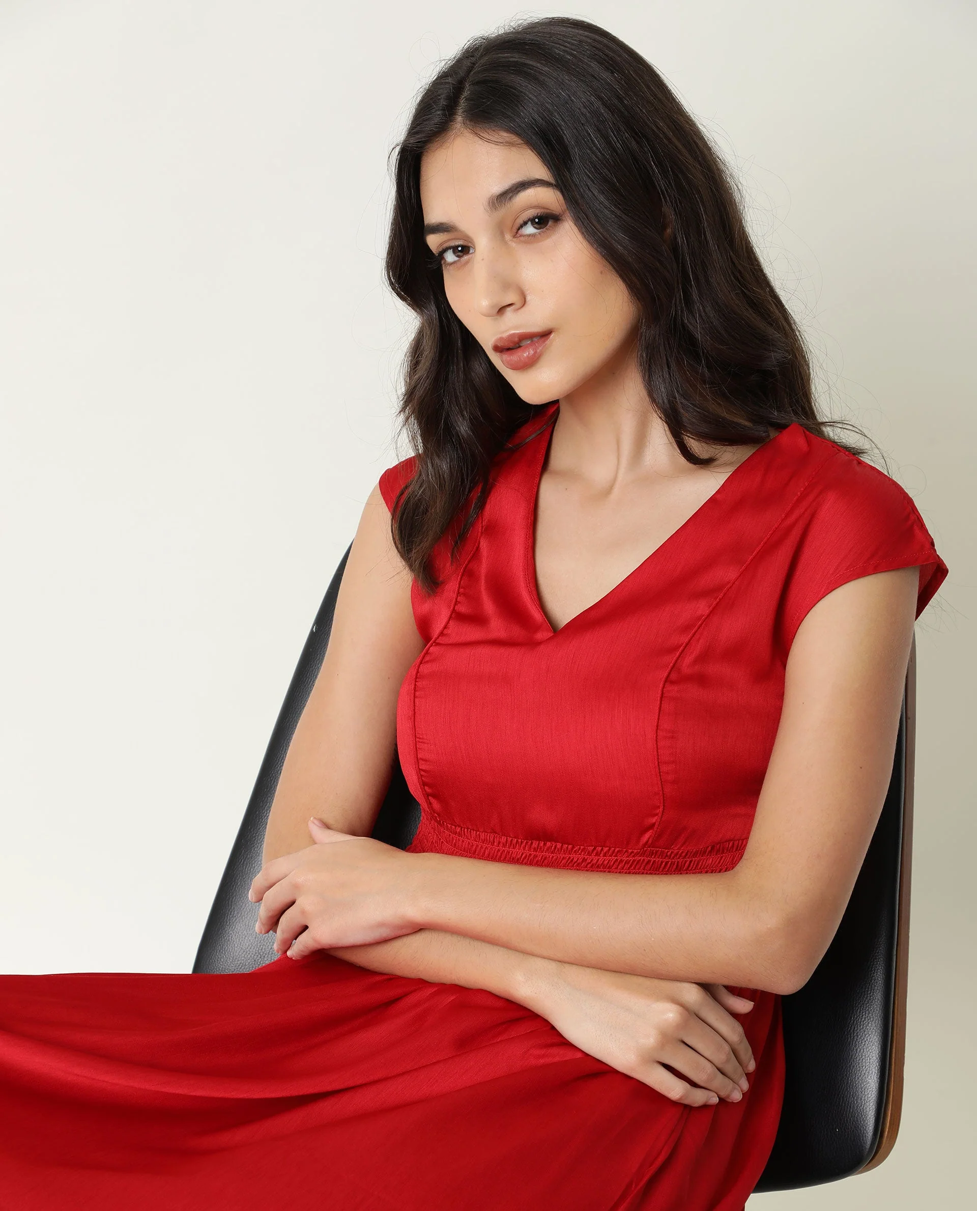 Rareism Women's Milux Red V-Neck Plain Sleeveless Knee Length Regular Fit Dress - Image 8