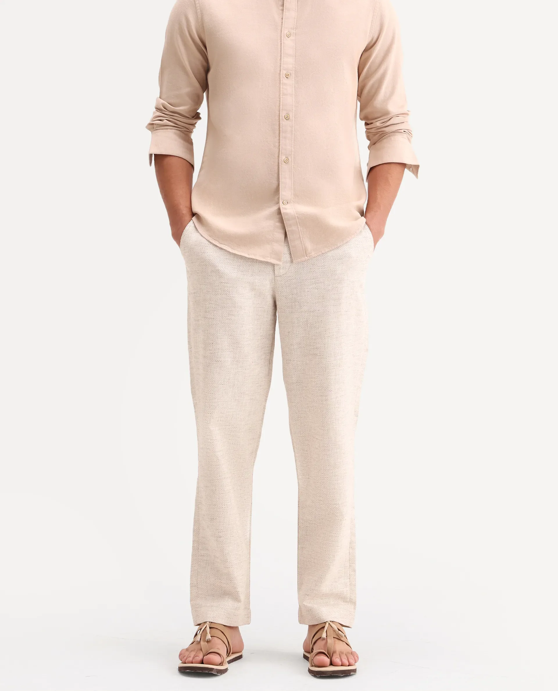 Rare Rabbit Men's Mina Beige Cotton Blend Fabric Regular Fit Plain Trouser - Image 2