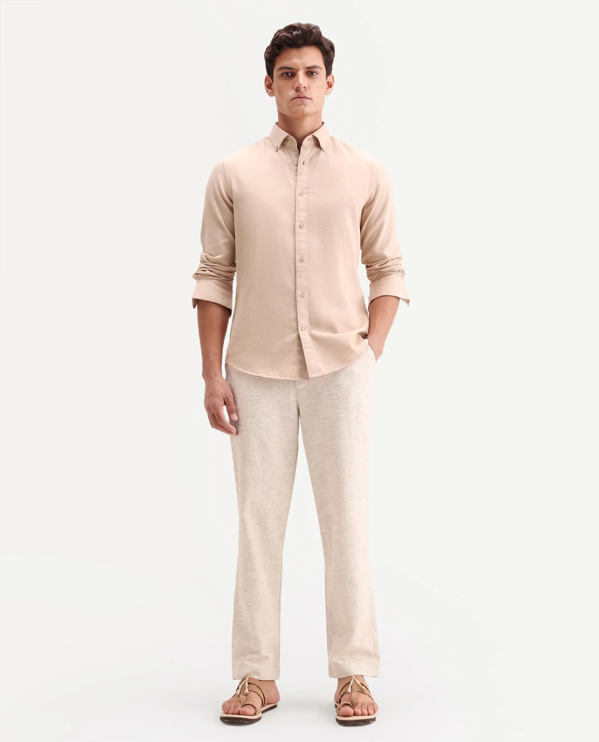 Rare Rabbit Men's Mina Beige Cotton Blend Fabric Regular Fit Plain Trouser - Image 4
