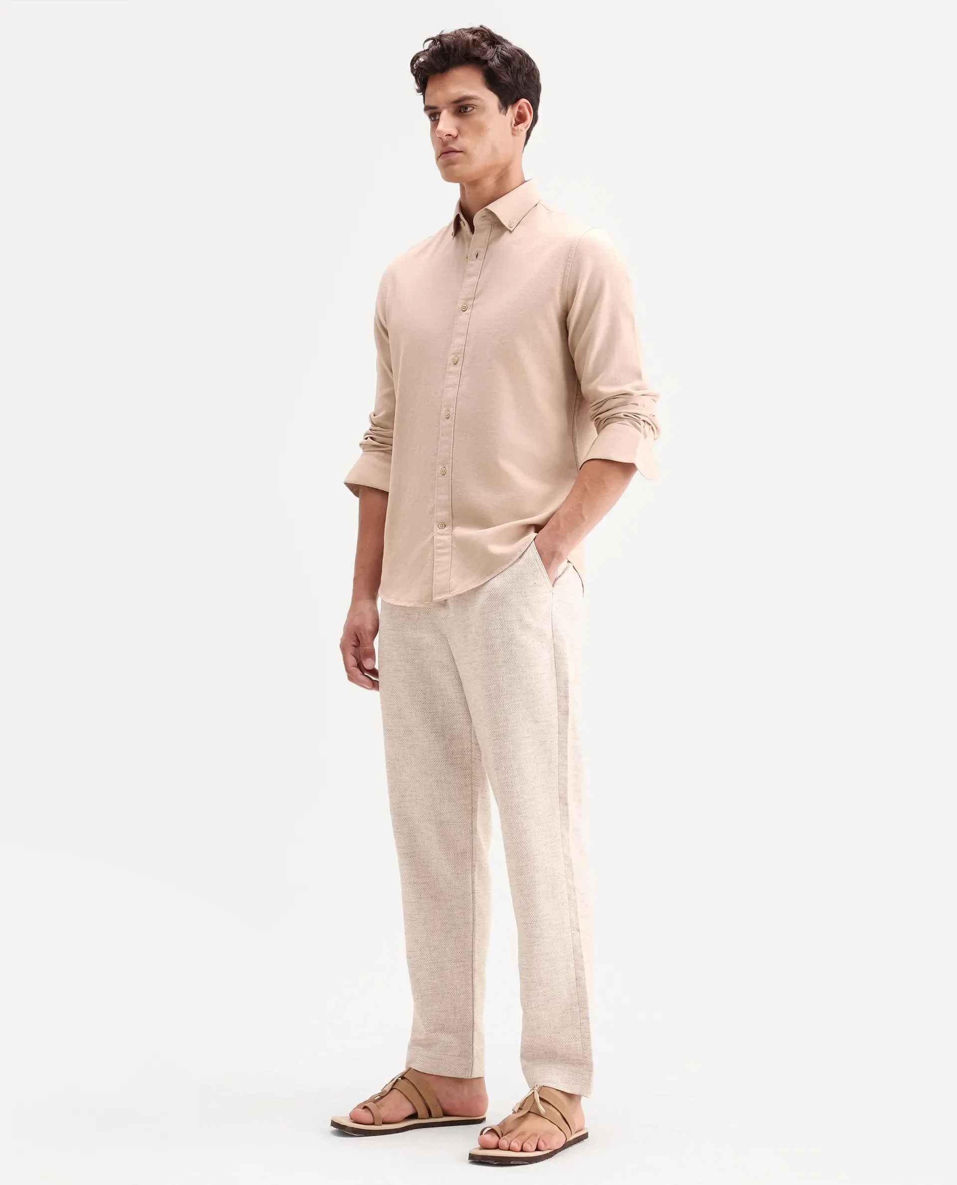 Rare Rabbit Men's Mina Beige Cotton Blend Fabric Regular Fit Plain Trouser - Image 5