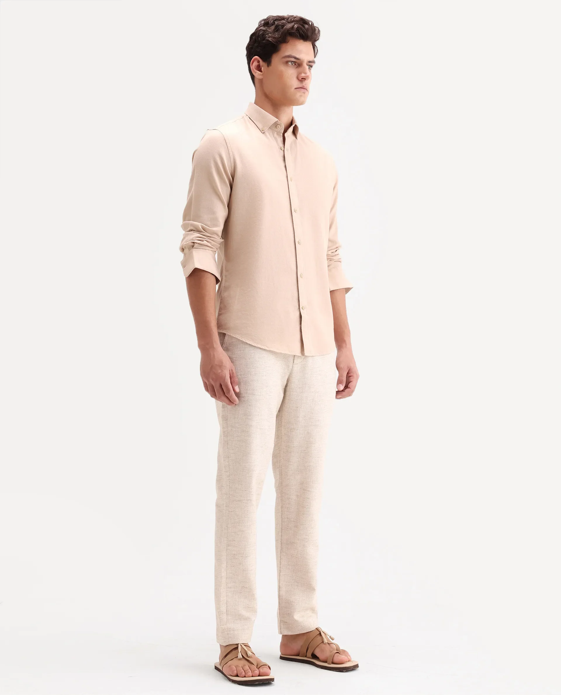 Rare Rabbit Men's Mina Beige Cotton Blend Fabric Regular Fit Plain Trouser - Image 6
