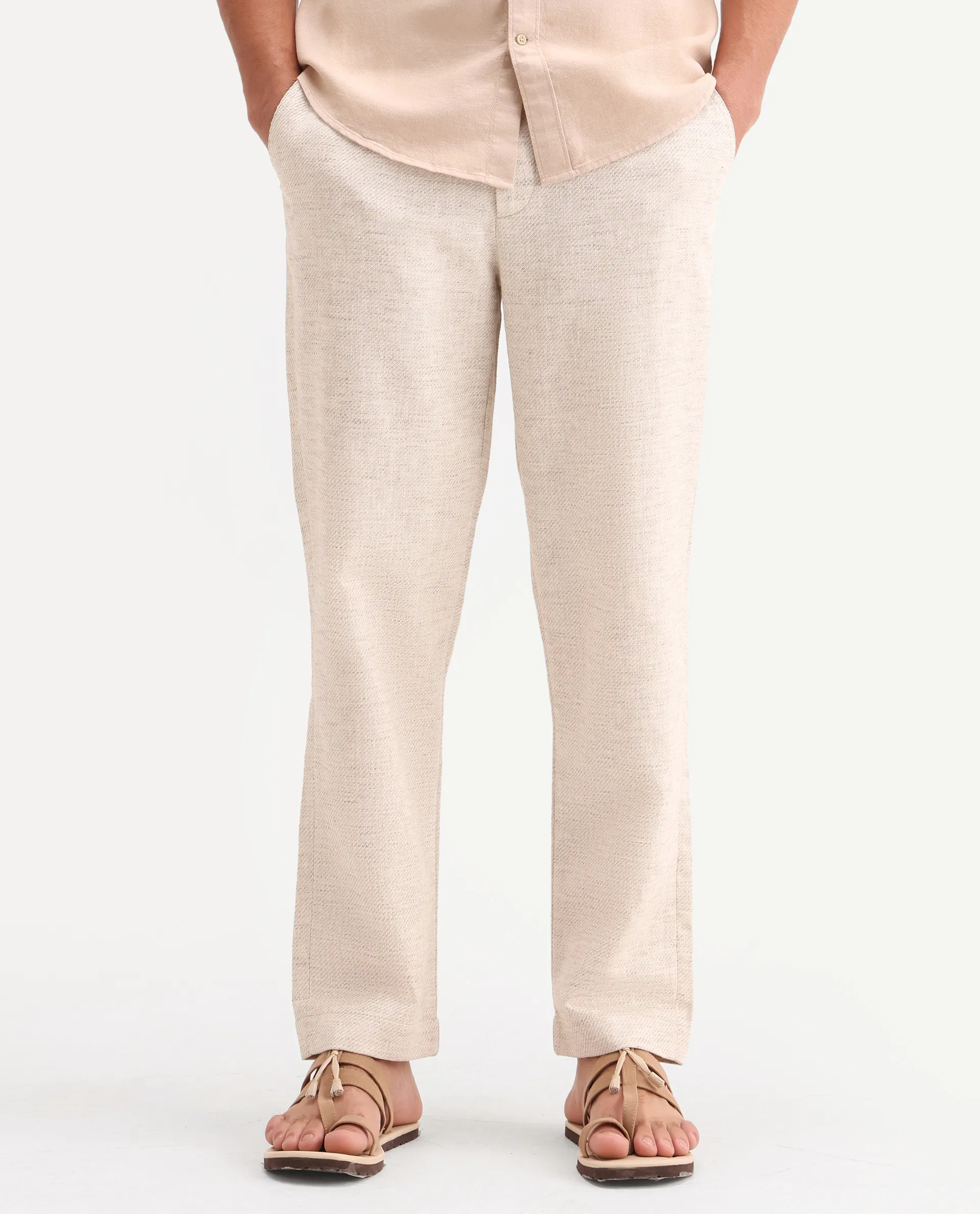 Rare Rabbit Men's Mina Beige Cotton Blend Fabric Regular Fit Plain Trouser - Image 9