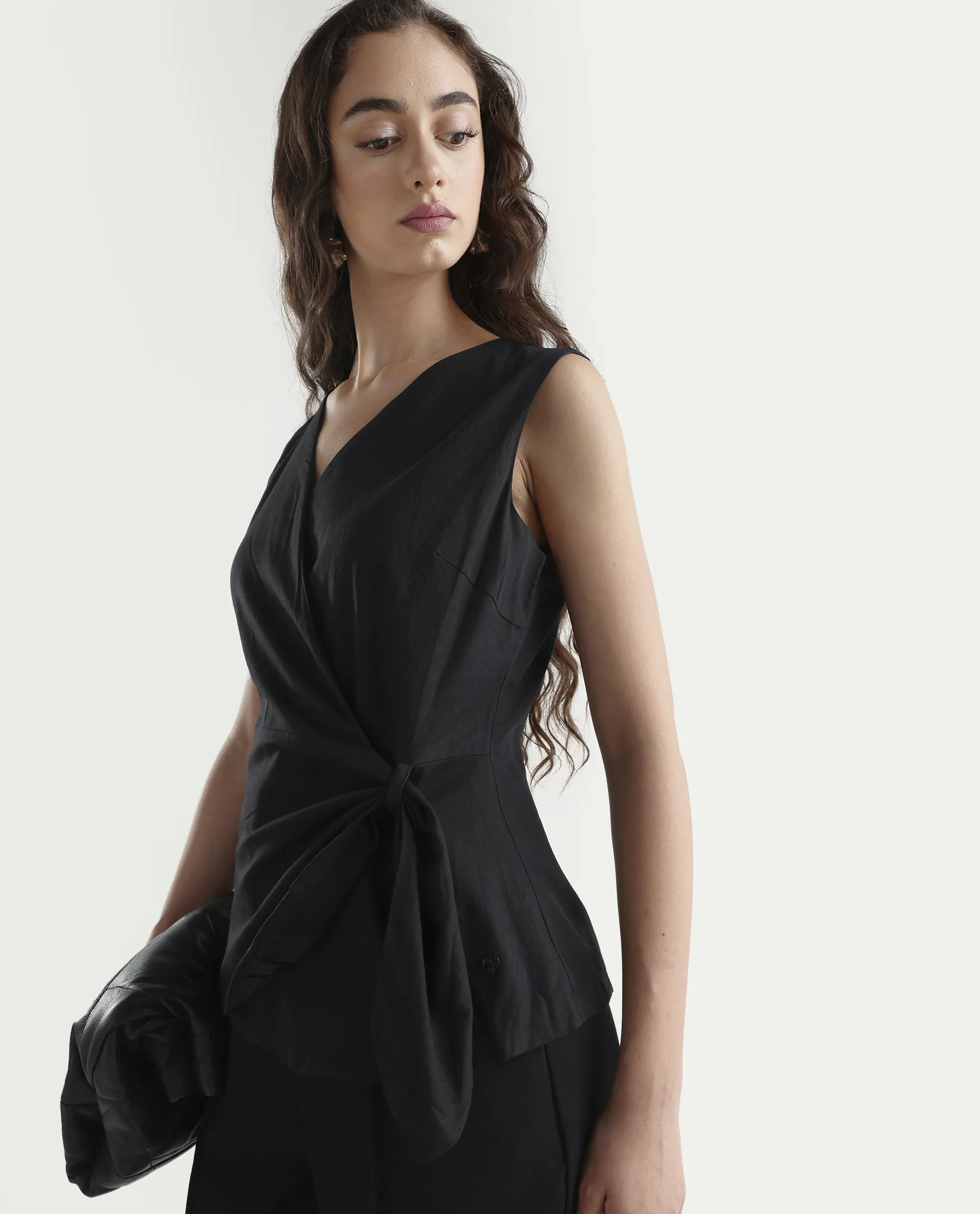 Rareism Women's Minato Black Cotton Blend Overlap Neck Plain Sleeveless Regular Fit Top